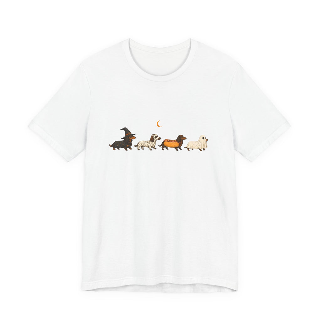 Dachshund Halloween Parade T‑Shirt — Witch, Crescent Moon & Cute Sausage Dog Lineup