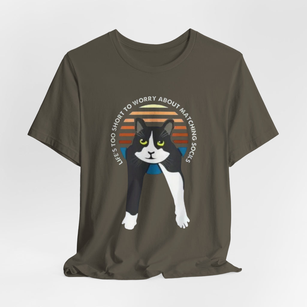 Tuxedo Cat Illustration Tee | Retro Sunset, 'Life's Too Short to Worry About Matching Socks'