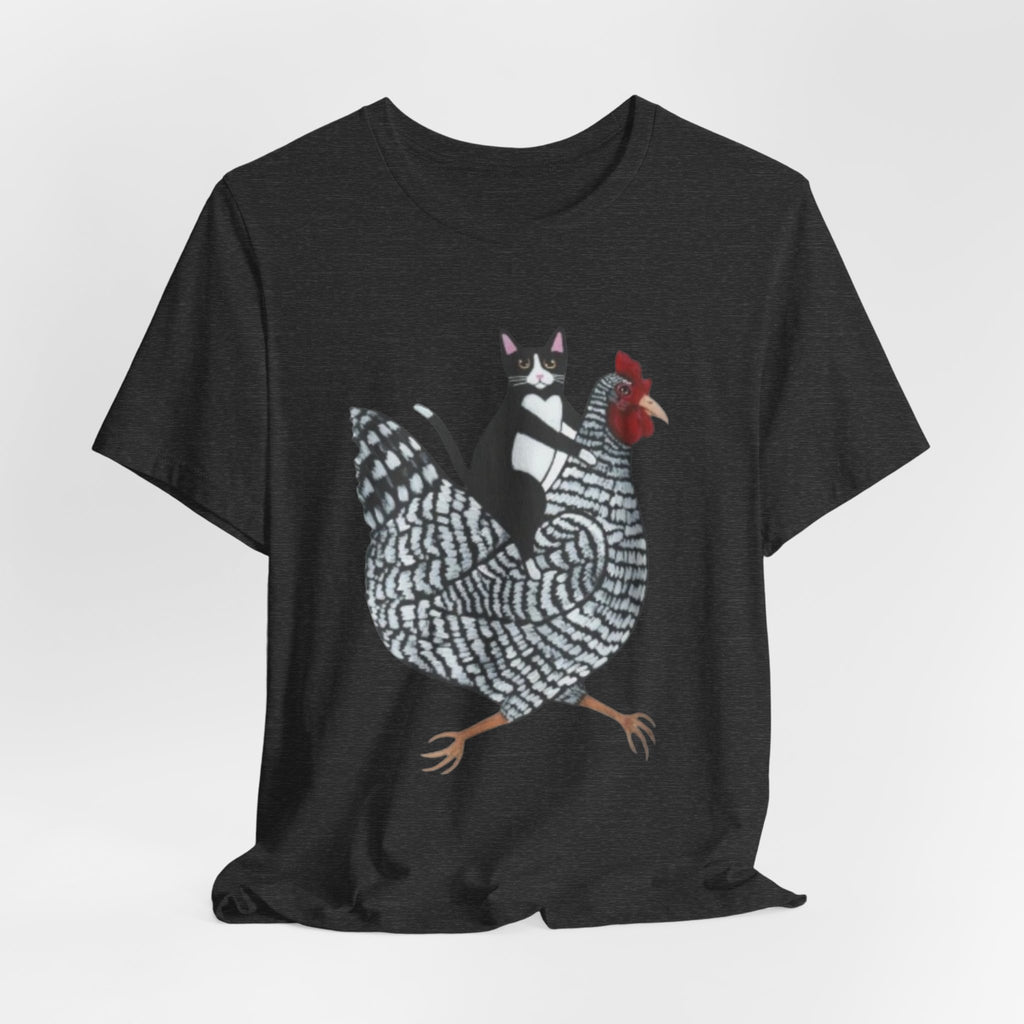 Cat Riding Chicken Graphic Tee — Funny Farm Animal Shirt