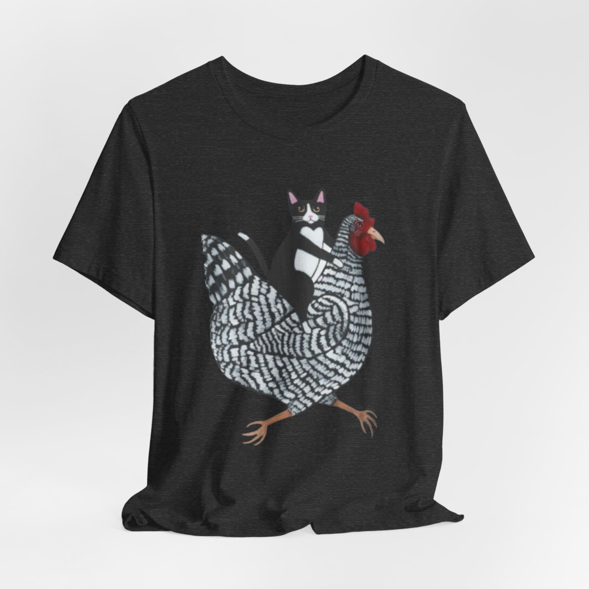 Cat Riding Chicken Graphic Tee — Funny Farm Animal Shirt