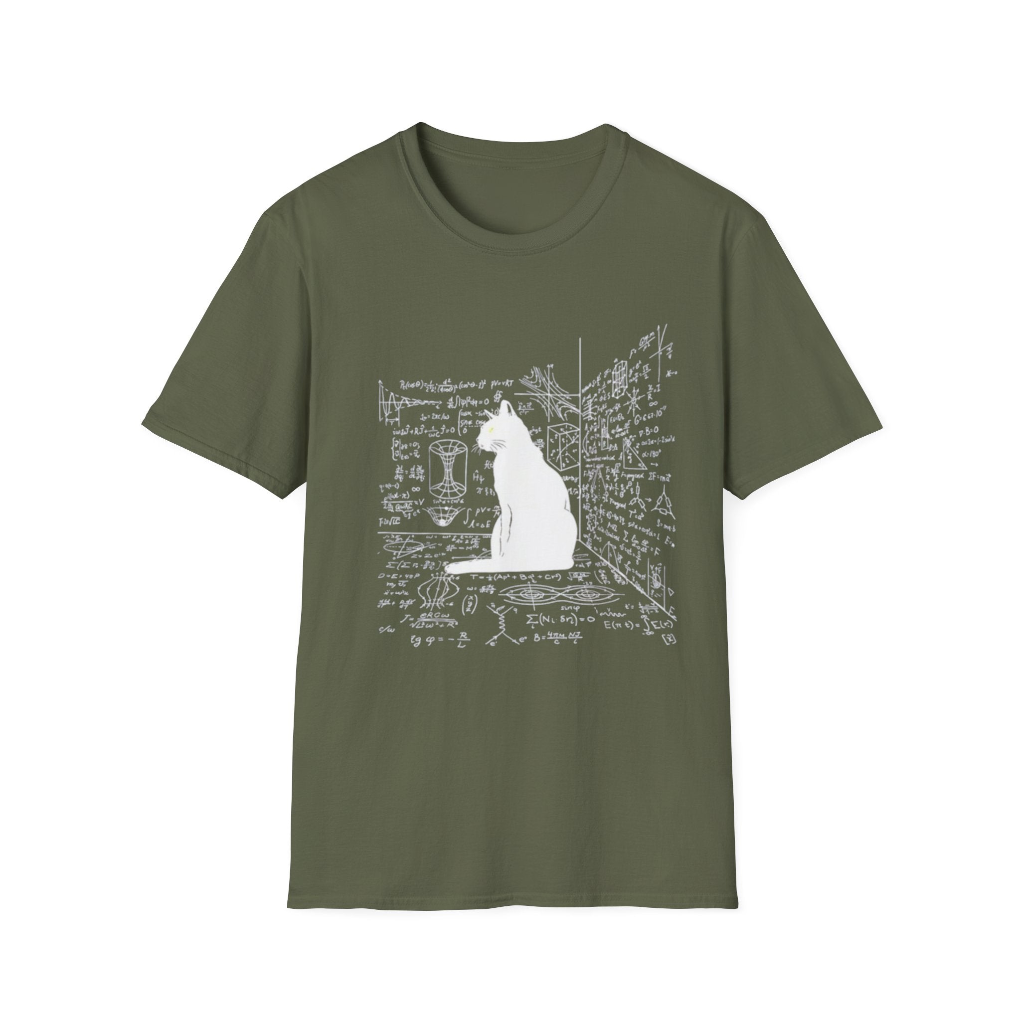 Schrodingers cat tee, escape plan, Cat silhouette with handwritten notes T-Shirt | Science doodle tee