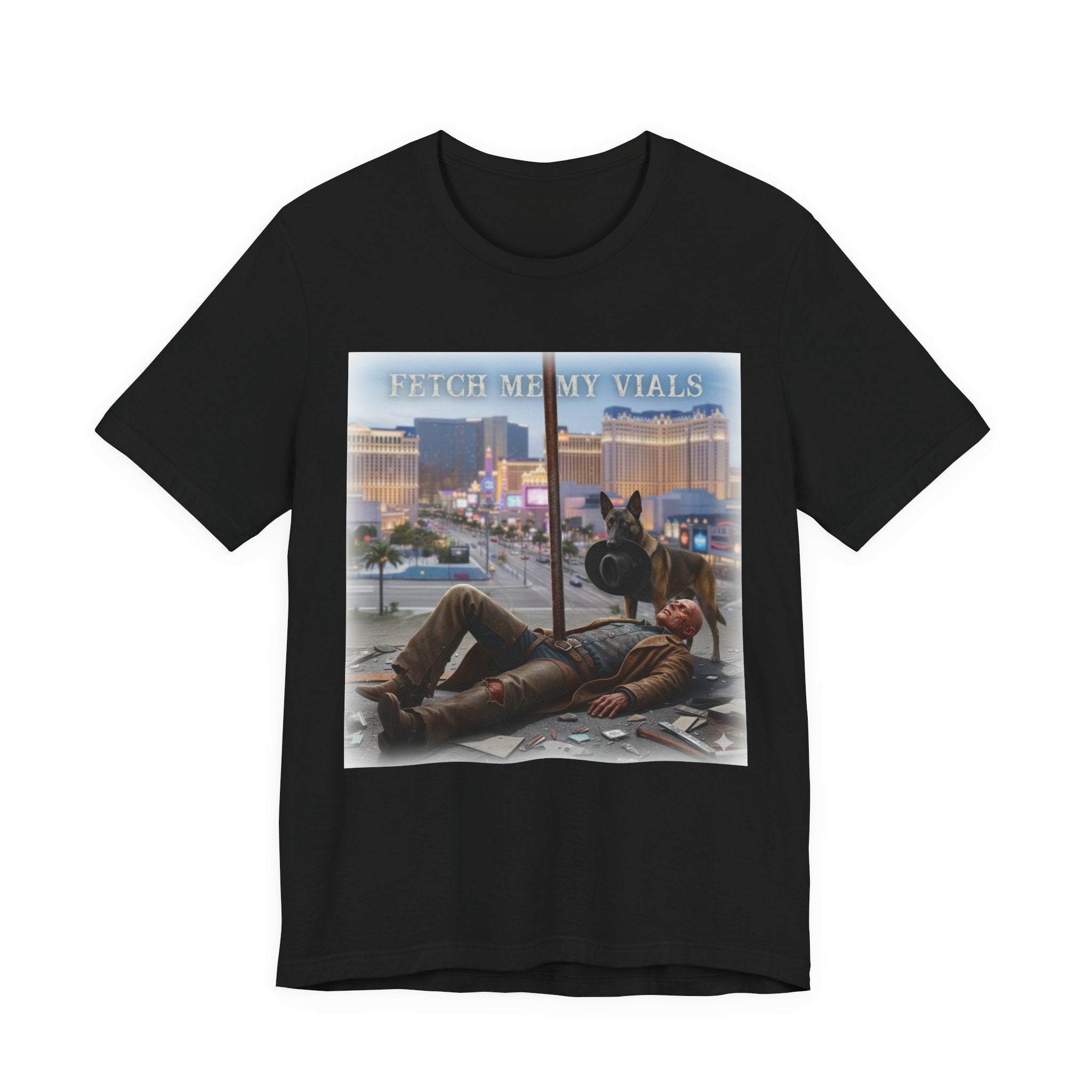 Fetch me my vials, Fallout Tee, Street Scene Graphic Tee — "Fetch Me My Vials" Retro Vegas Art Shirt