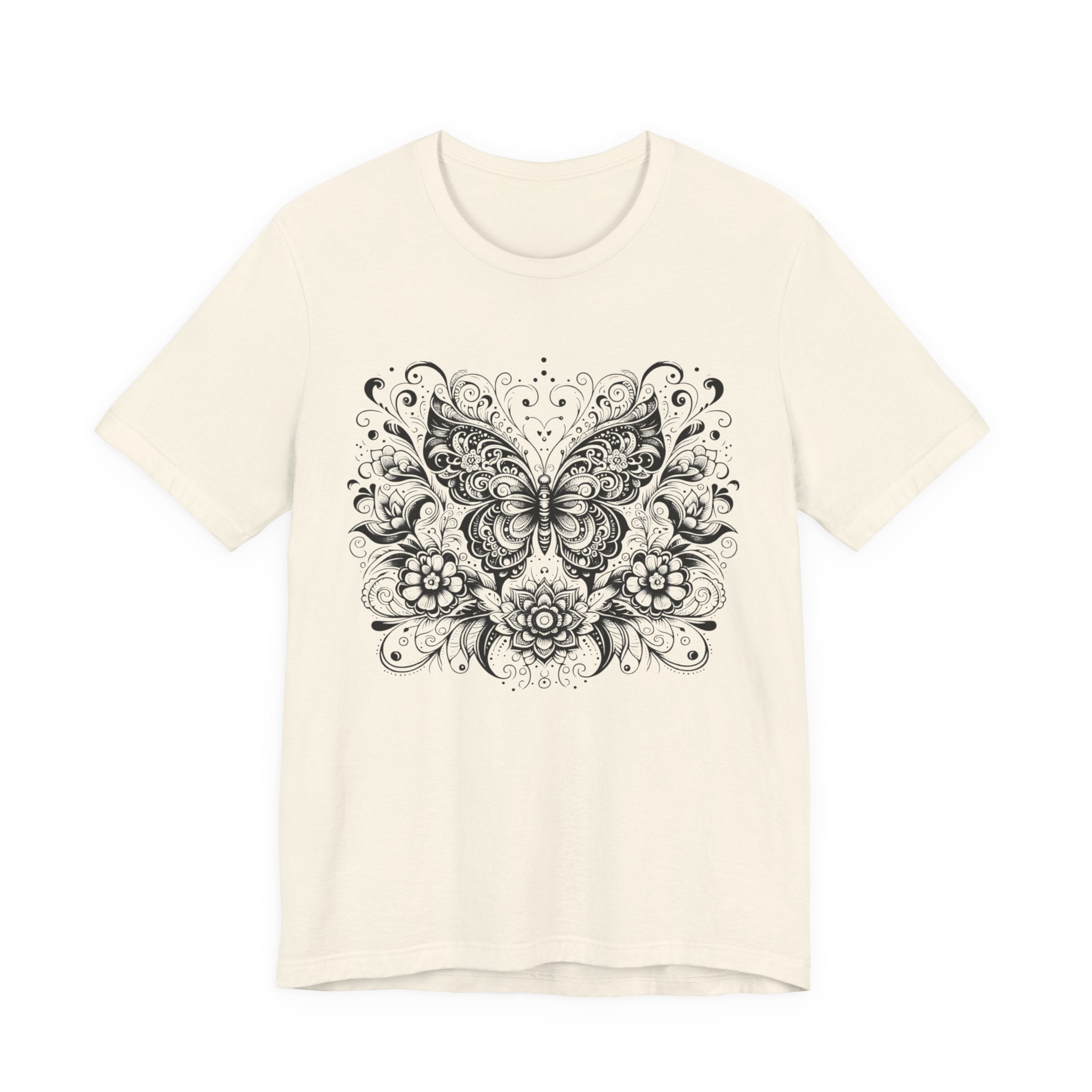 Ornate Butterfly Floral Tee | Detailed Black Line Art Butterfly T-Shirt
