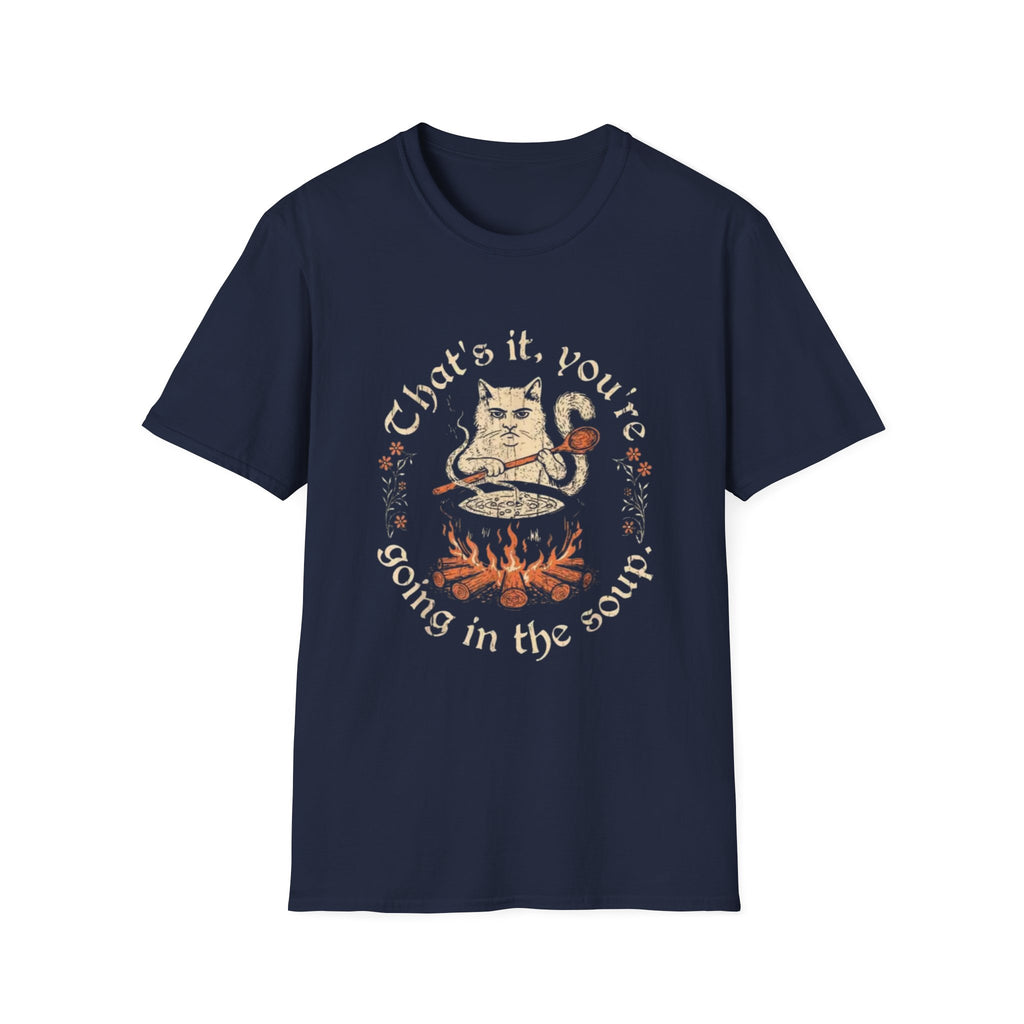 Cat Cauldron T-Shirt — "That’s it, you’re going in the soup" Vintage Witchy Graphic Tee