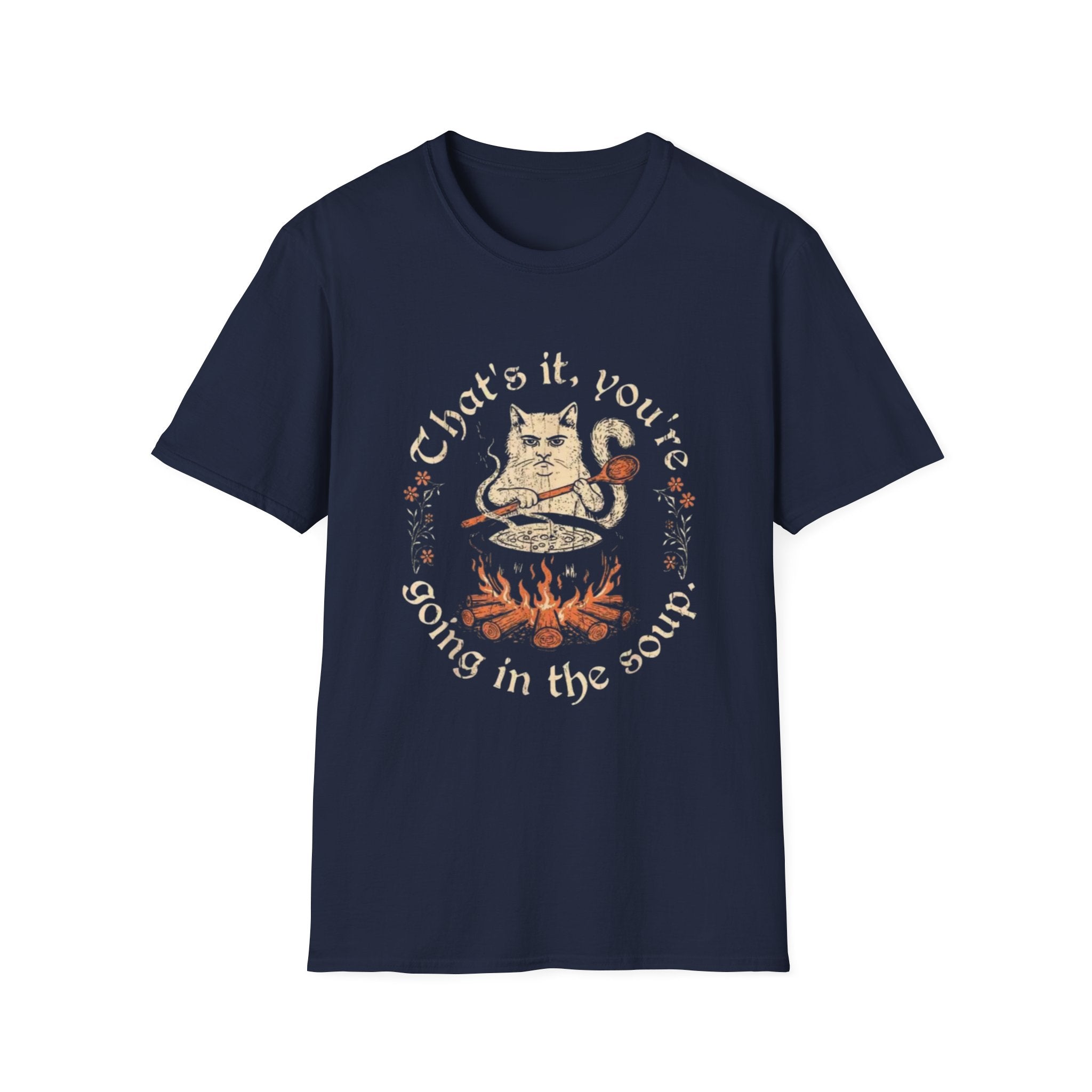 Cat Cauldron T-Shirt — "That’s it, you’re going in the soup" Vintage Witchy Graphic Tee