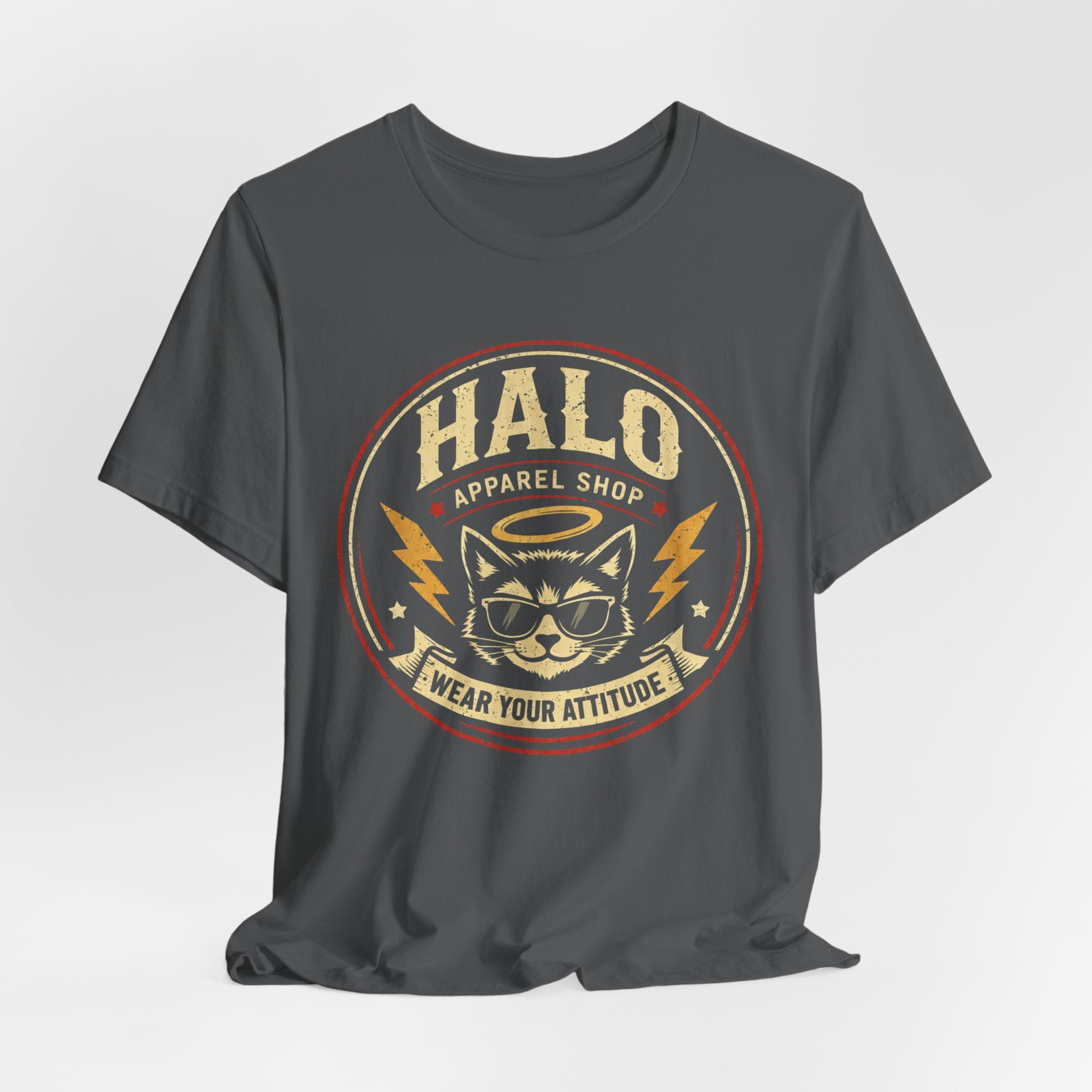 Halo Cat Graphic Tee — "Wear Your Attitude" Vintage Rock T-Shirt