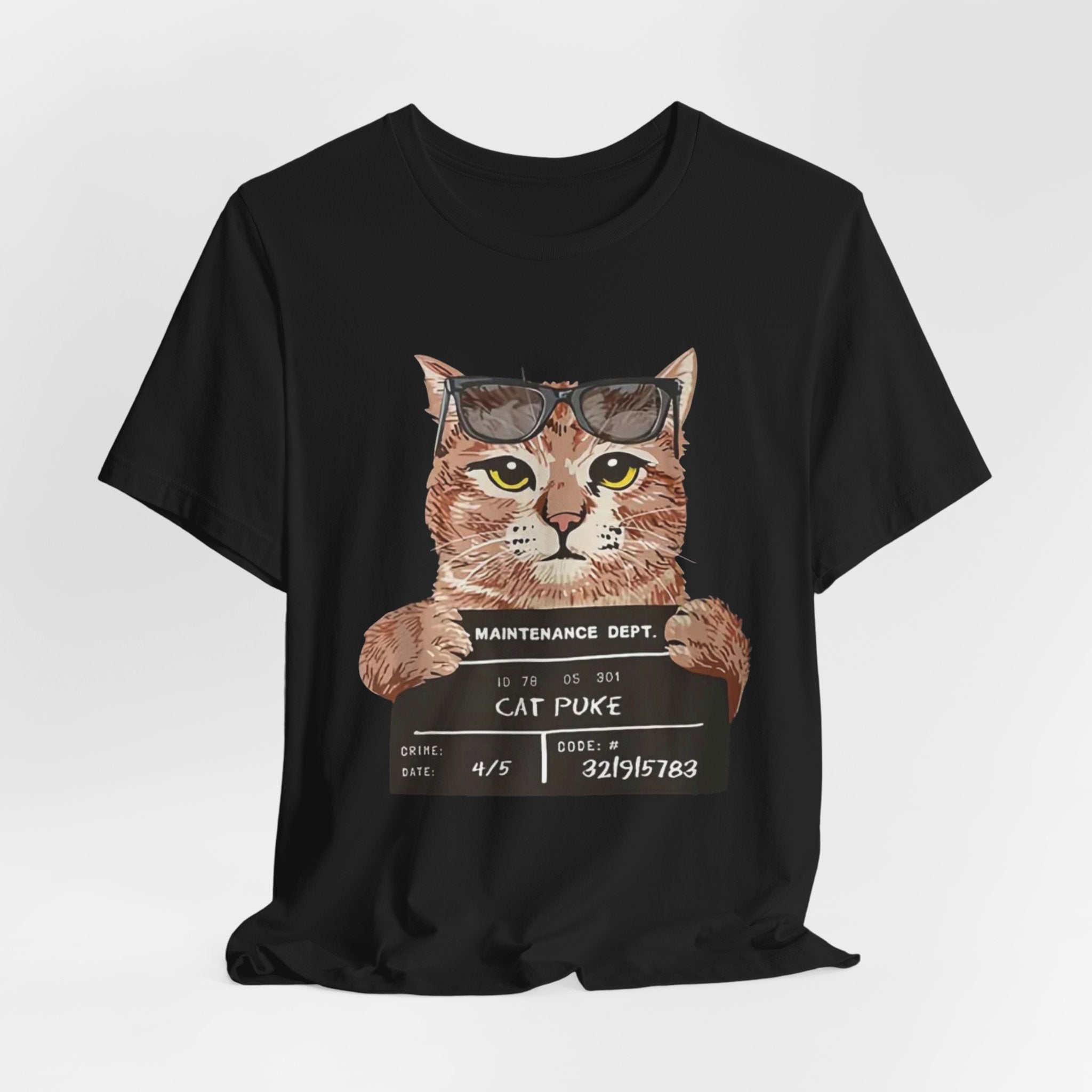 Cat Mugshot Tee — "Cat Puke" Funny Cat Arrest Graphic T-Shirt