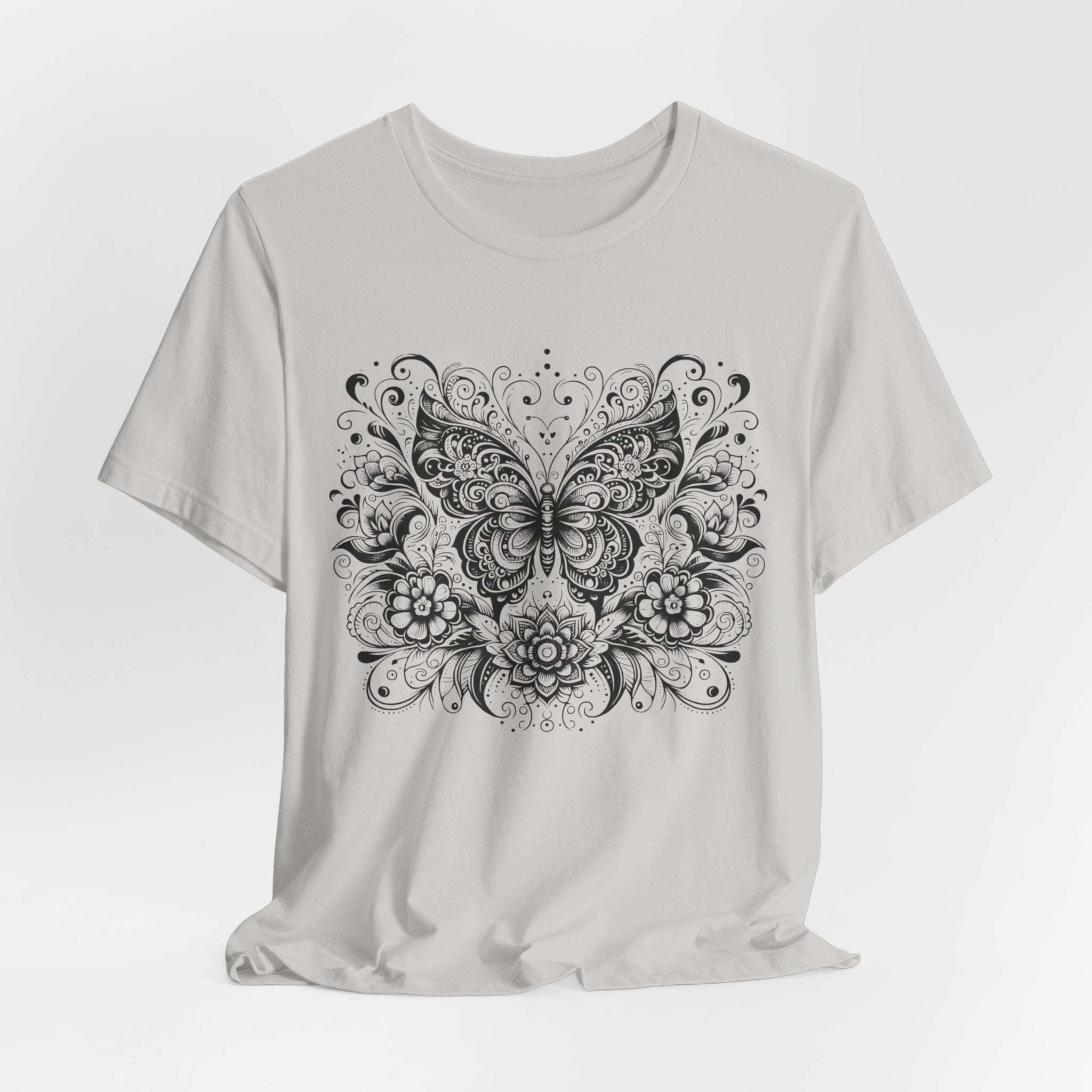 Ornate Butterfly Floral Tee | Detailed Black Line Art Butterfly T-Shirt
