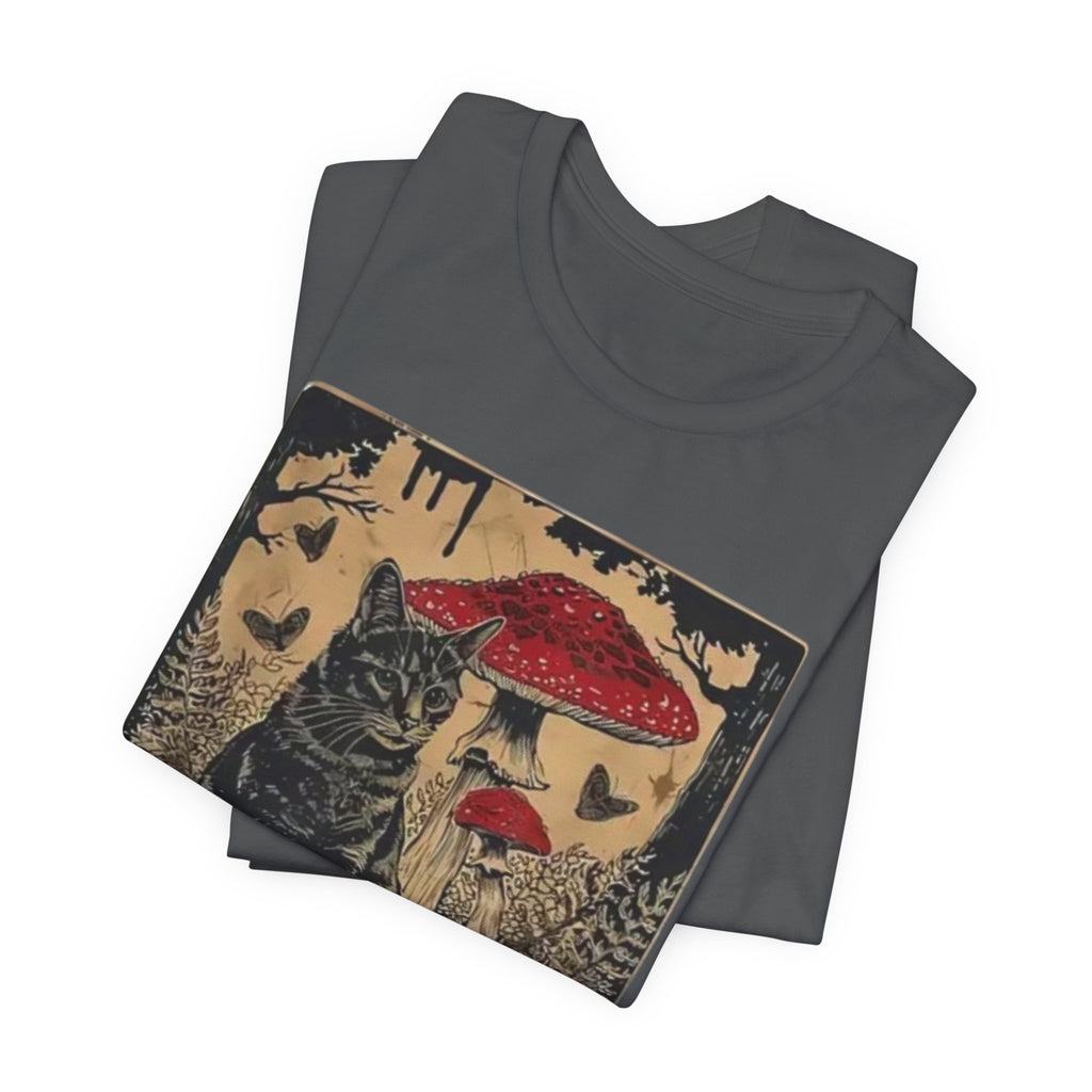 Black Cat with Red Mushrooms T-Shirt | Moody Forest Cat Illustration