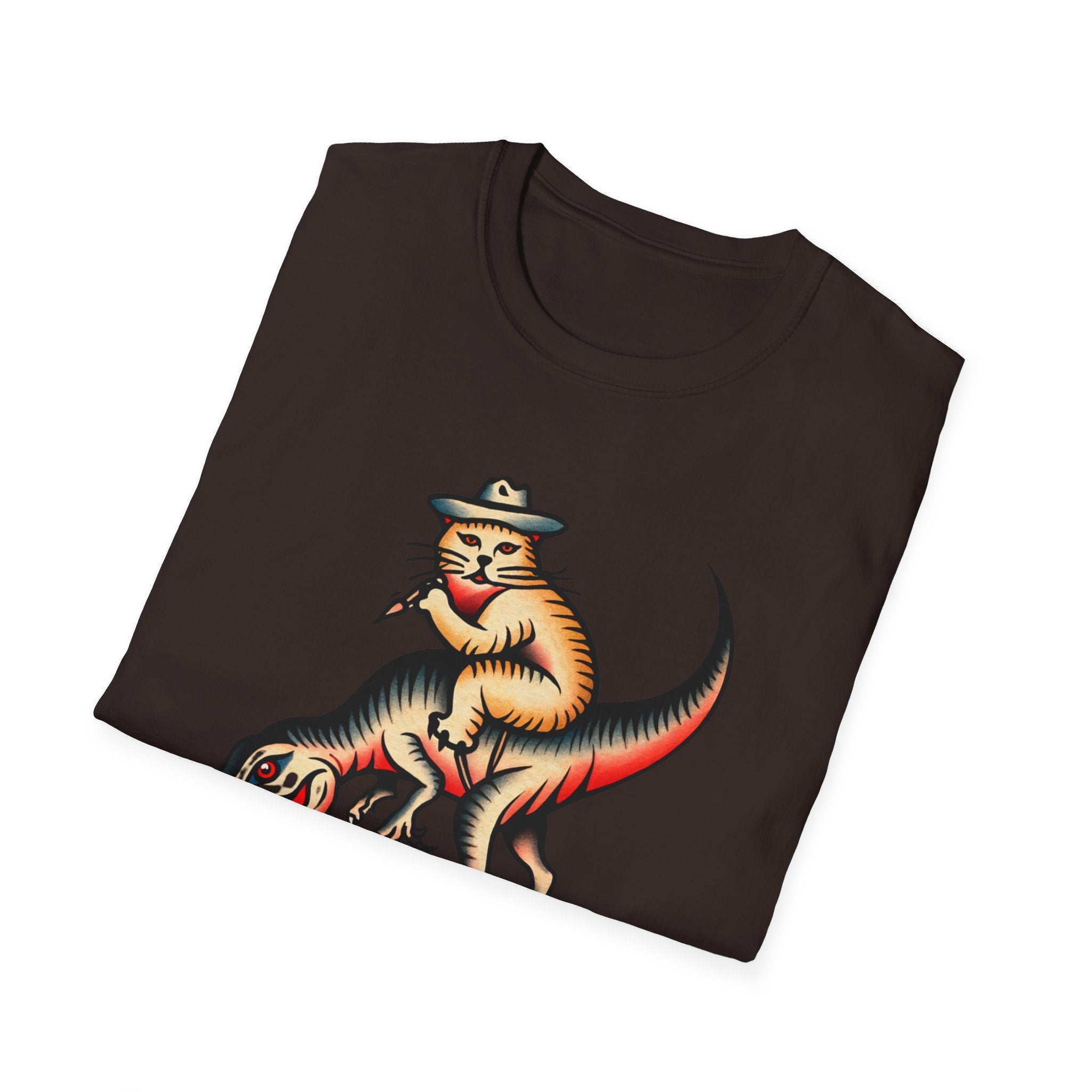 Funny Cat Cowboy T-Shirt — Retro Riding Tyrannosaurus Graphic Tee