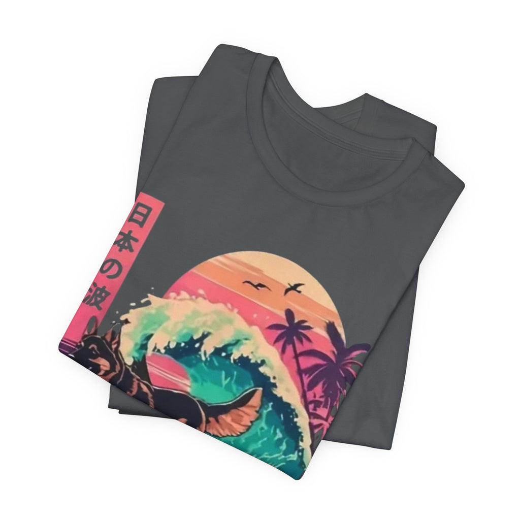 German Shepherd Dog  Surfing T-Shirt — Retro Japanese Wave Graphic Tee
