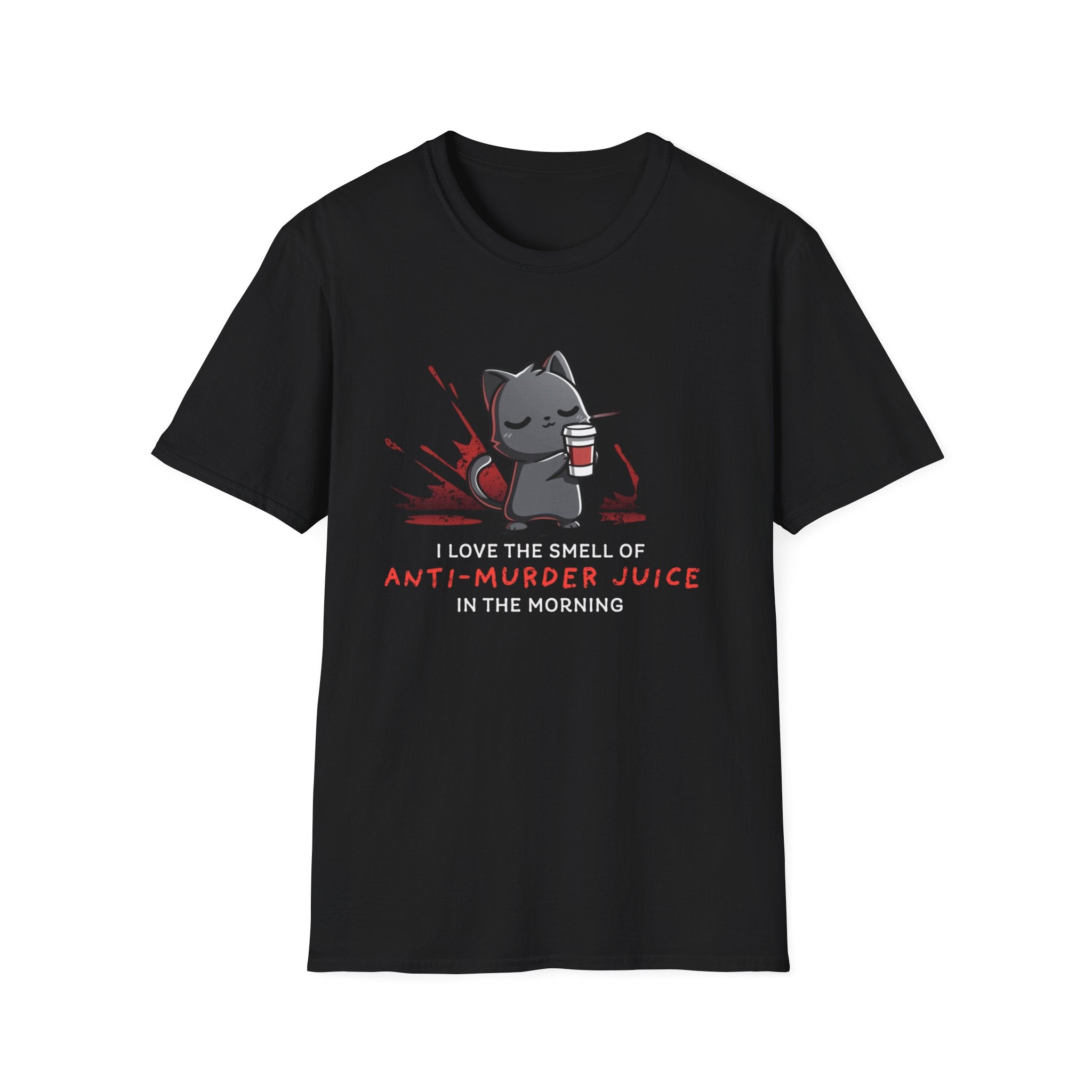 Anti-Murder Juice Cat T-Shirt | Cute Dark Humor Coffee Tee