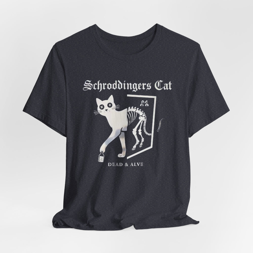 Schrodingers Cat skeleton illustration T-Shirt | Dead & Alive cat science tee
