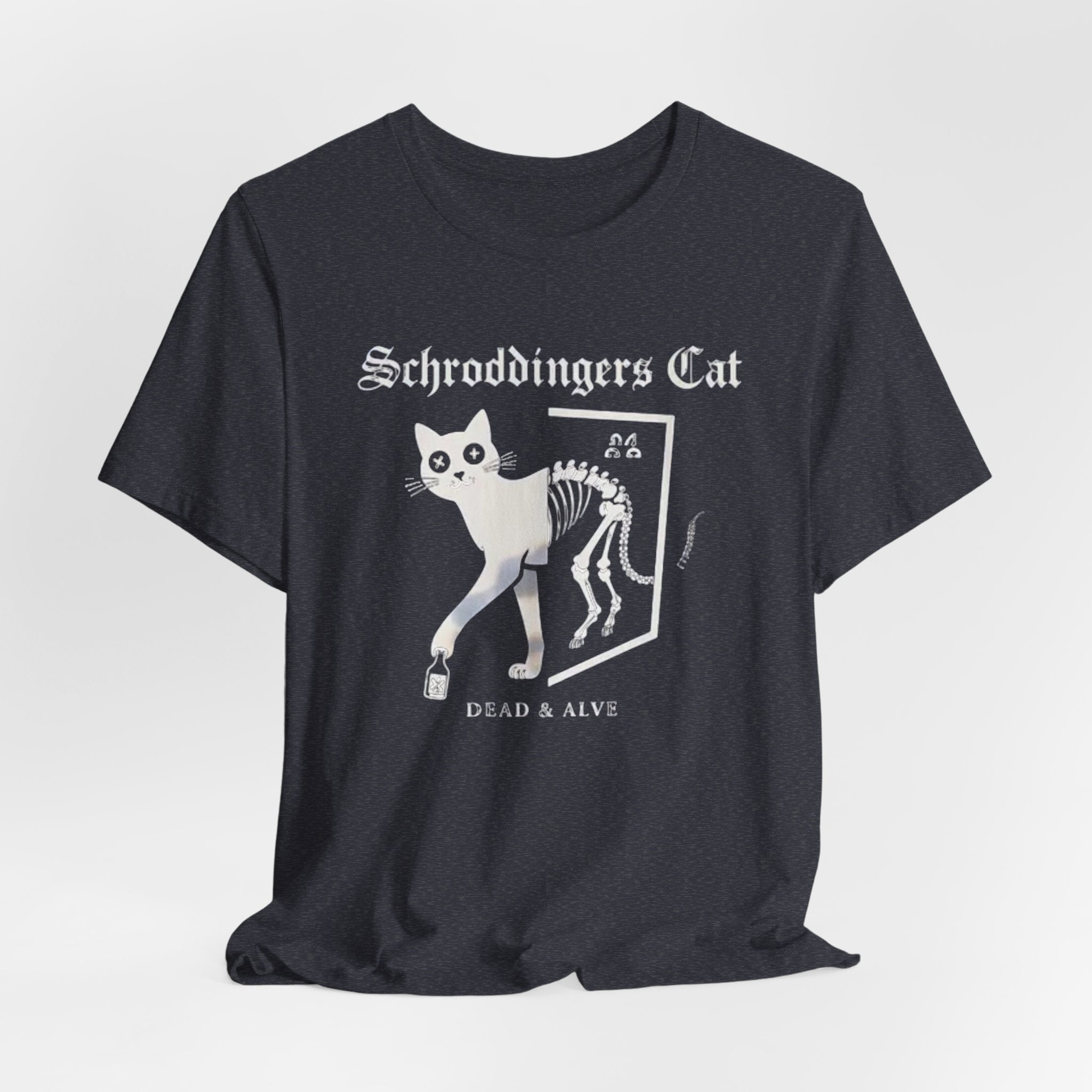 Schrodingers Cat skeleton illustration T-Shirt | Dead & Alive cat science tee