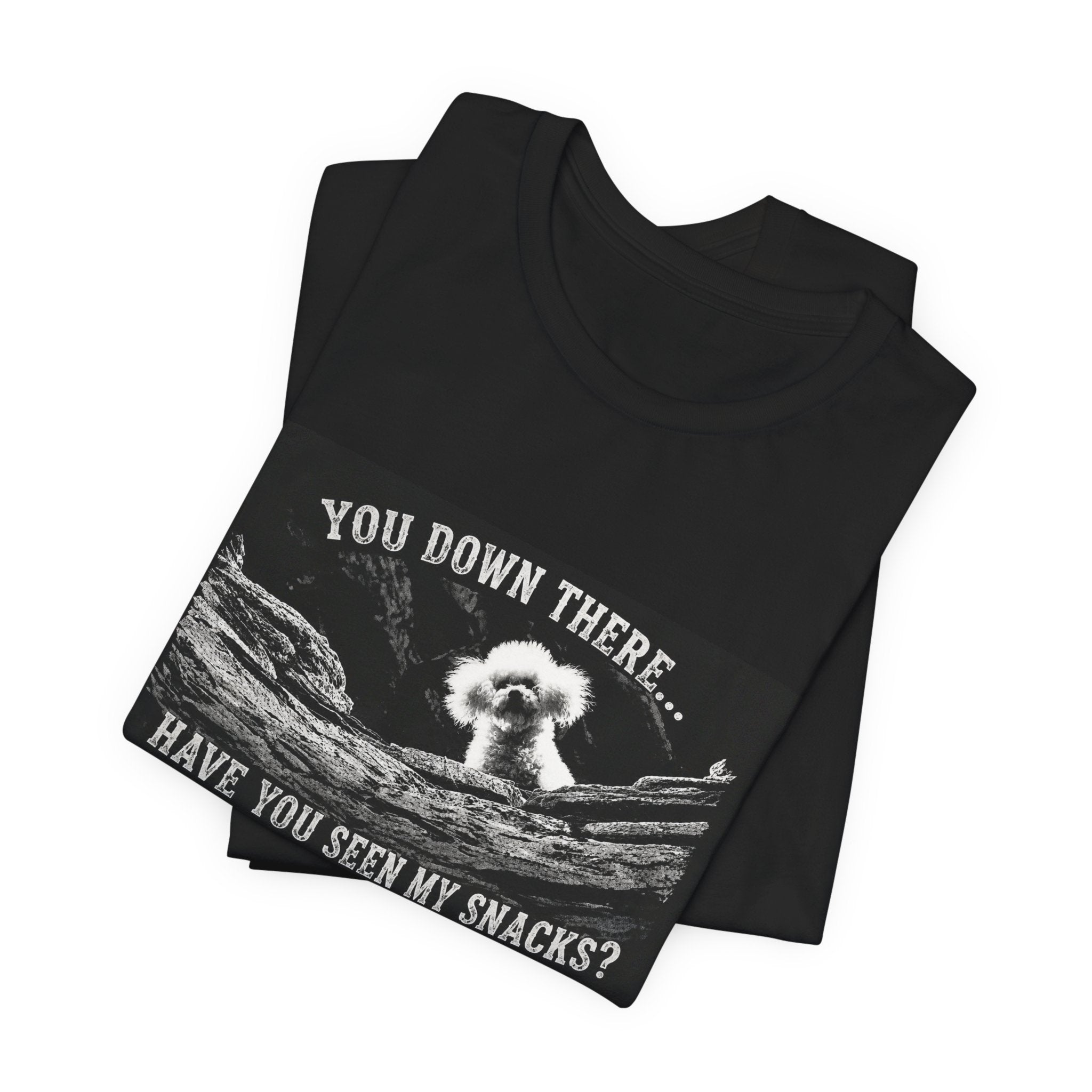 Bichon Frise Shirt — "You Down There... Have You Seen My Snacks?" Funny Dog Snack Rescue Tee
