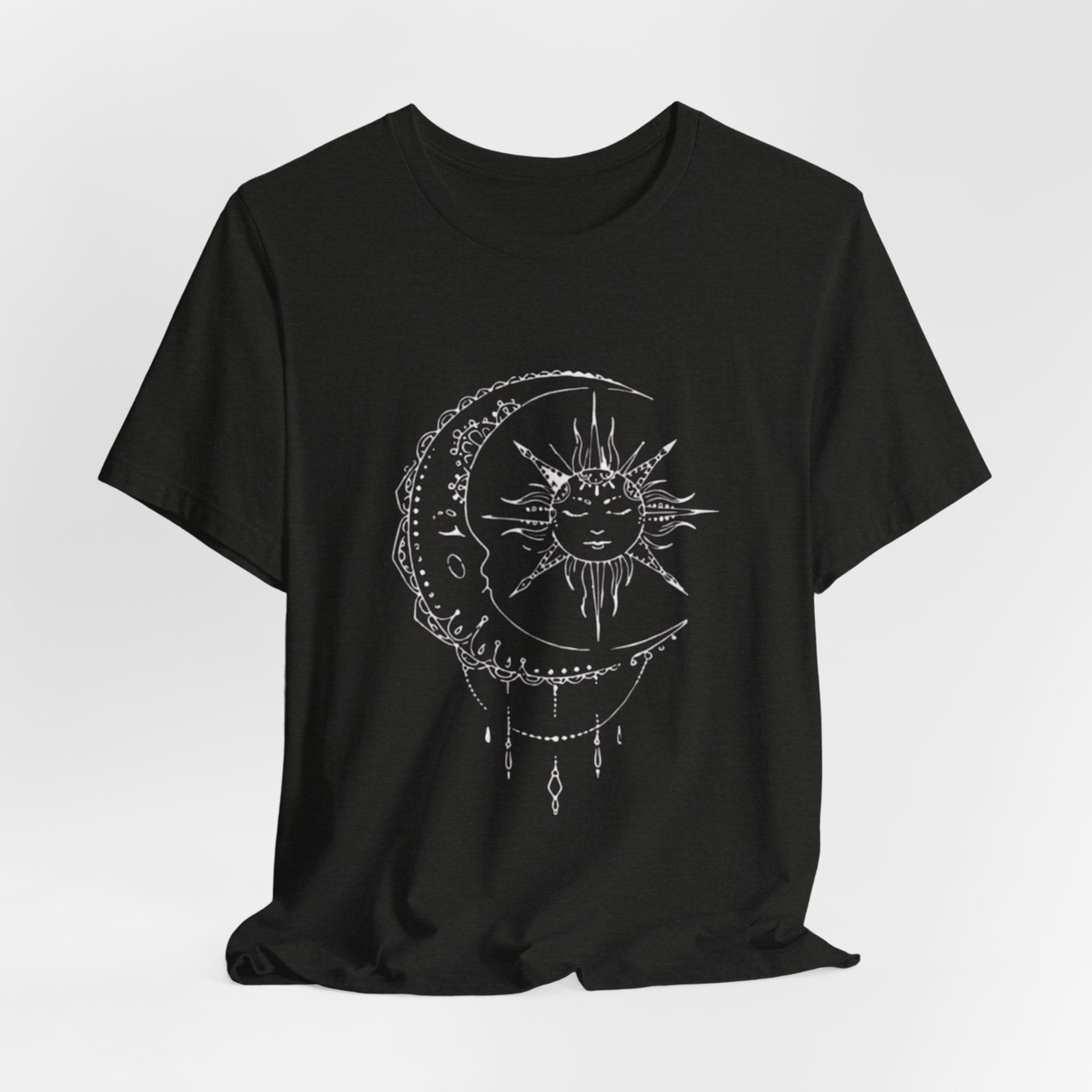 Sun and Crescent Moon Tattoo Style Tee | Celestial Illustration T-Shirt