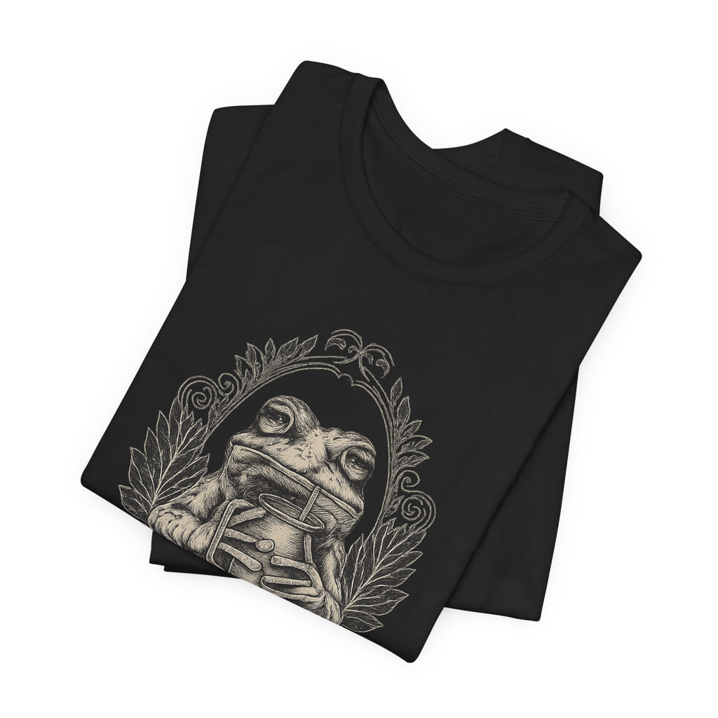 Frog drinkingT‑Shirt — Hydrate Before You DiedrateVintage Booklover Graphic Tee (“To Be at Peace You Deliberate”)