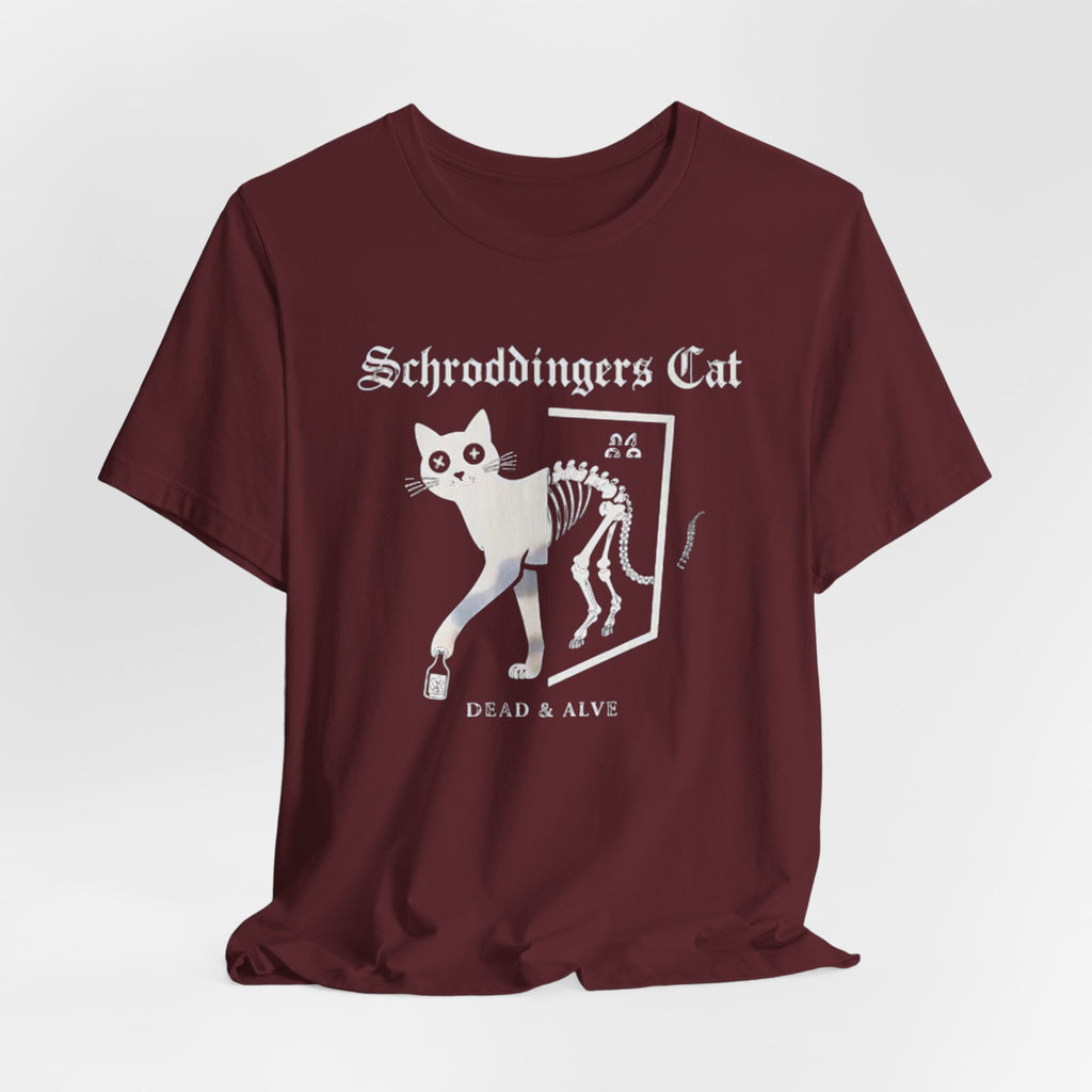 Schrodingers Cat skeleton illustration T-Shirt | Dead & Alive cat science tee