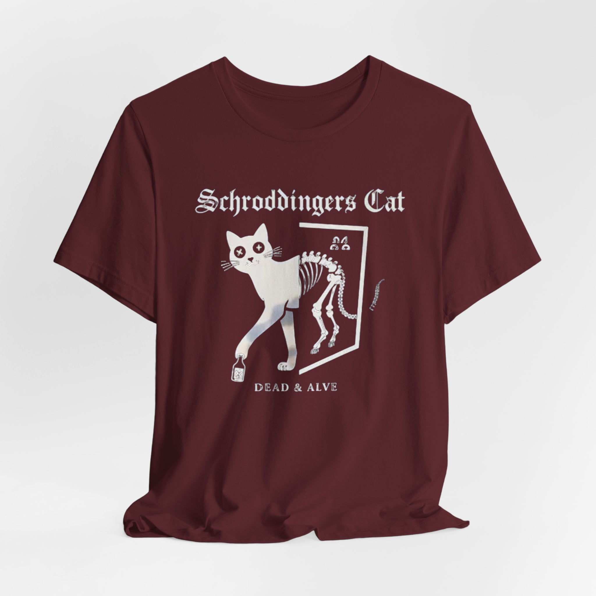 Schrodingers Cat skeleton illustration T-Shirt | Dead & Alive cat science tee