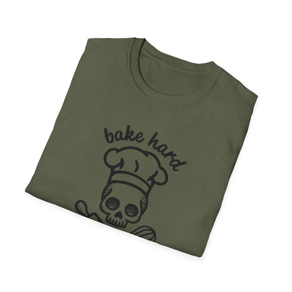 Bake Hard or Go Home T-Shirt | Skull Baker, Rolling Pin & Whisk Design