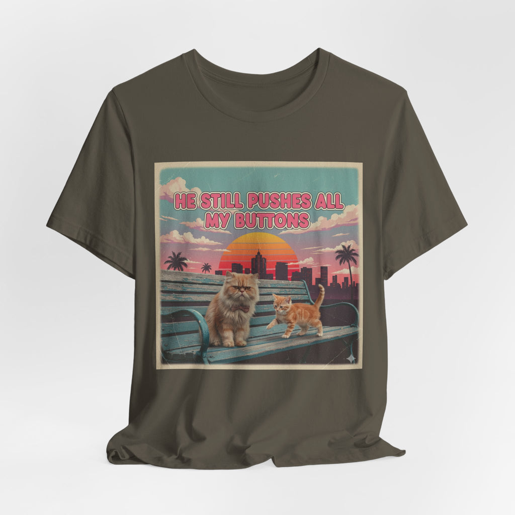 He Still Pushes All My Buttons Cat Illustration Tee | Retro Sunset Palm Beach
