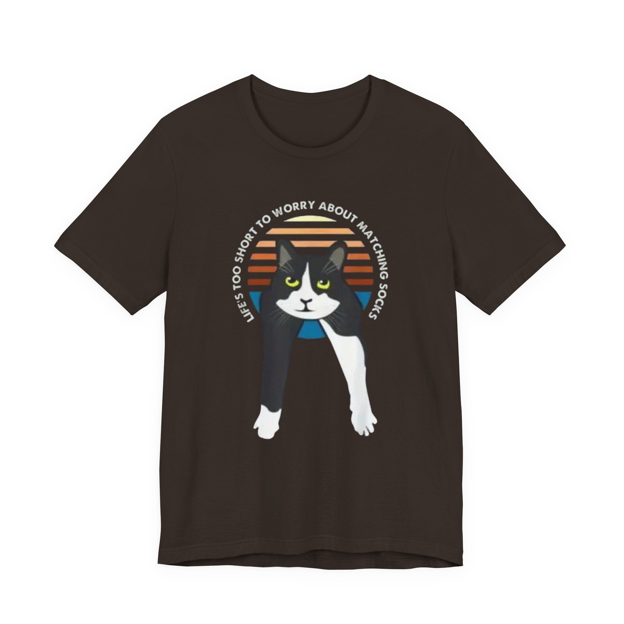 Tuxedo Cat Illustration Tee | Retro Sunset, 'Life's Too Short to Worry About Matching Socks'