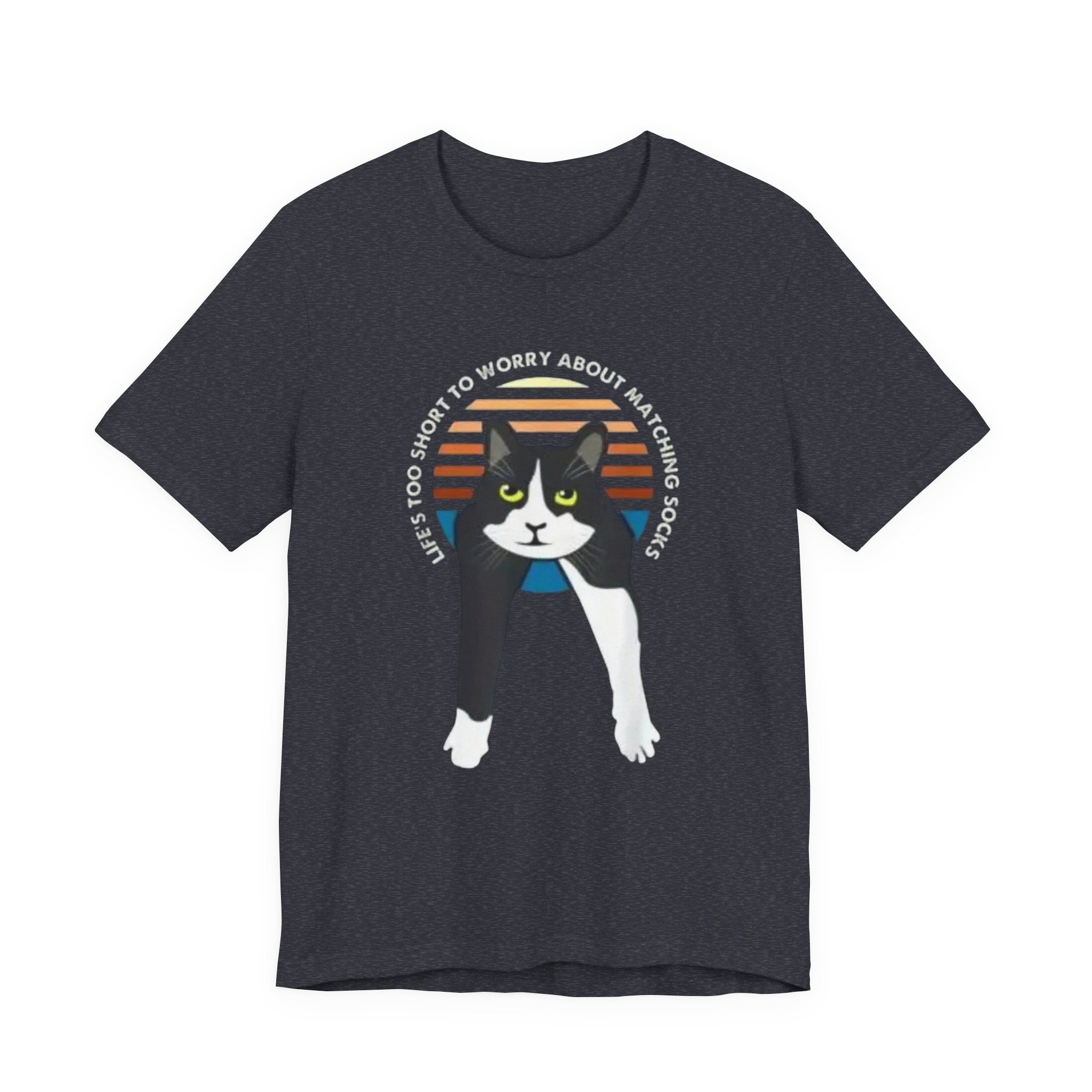 Tuxedo Cat Illustration Tee | Retro Sunset, 'Life's Too Short to Worry About Matching Socks'