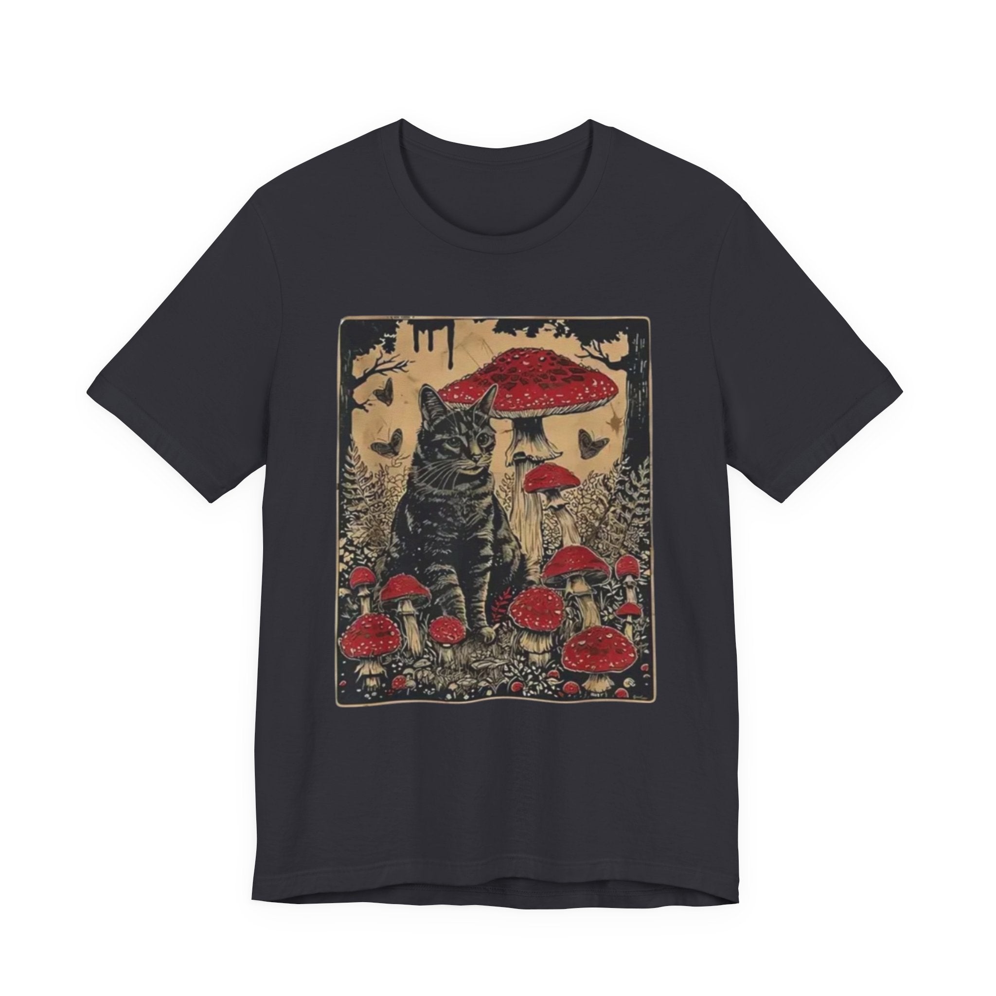 Black Cat with Red Mushrooms T-Shirt | Moody Forest Cat Illustration