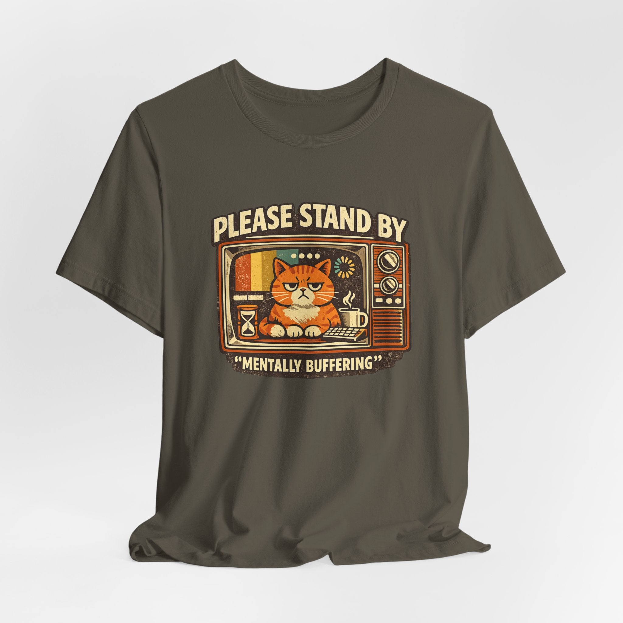 Please Stand By Mentally Buffering, T-Shirt | Retro TV Cat Illustration