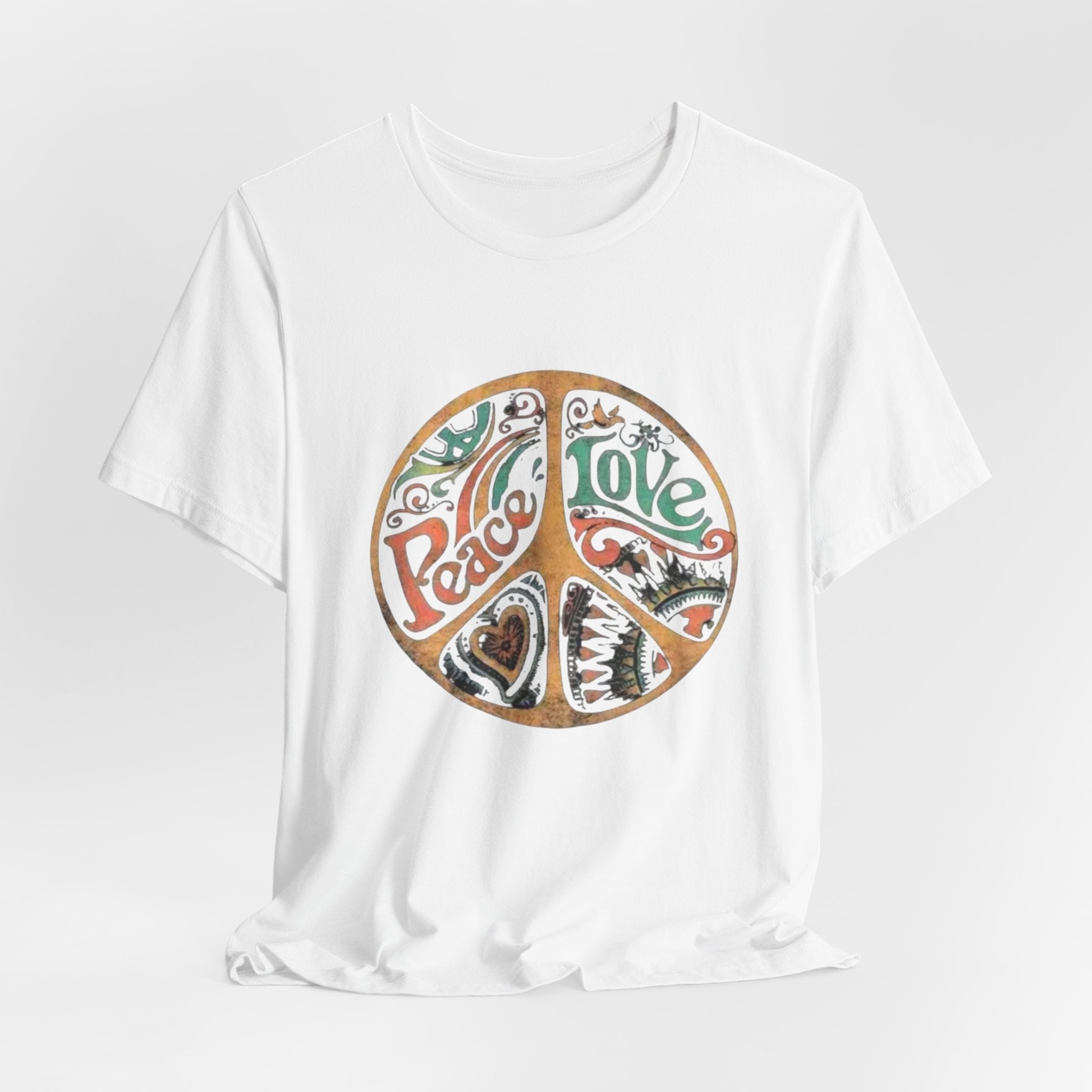 Retro Peace Love Unisex T-Shirt, Boho Graphic Tee, Casual Wear, Festival Shirt, Gift for Friends, Summer Style