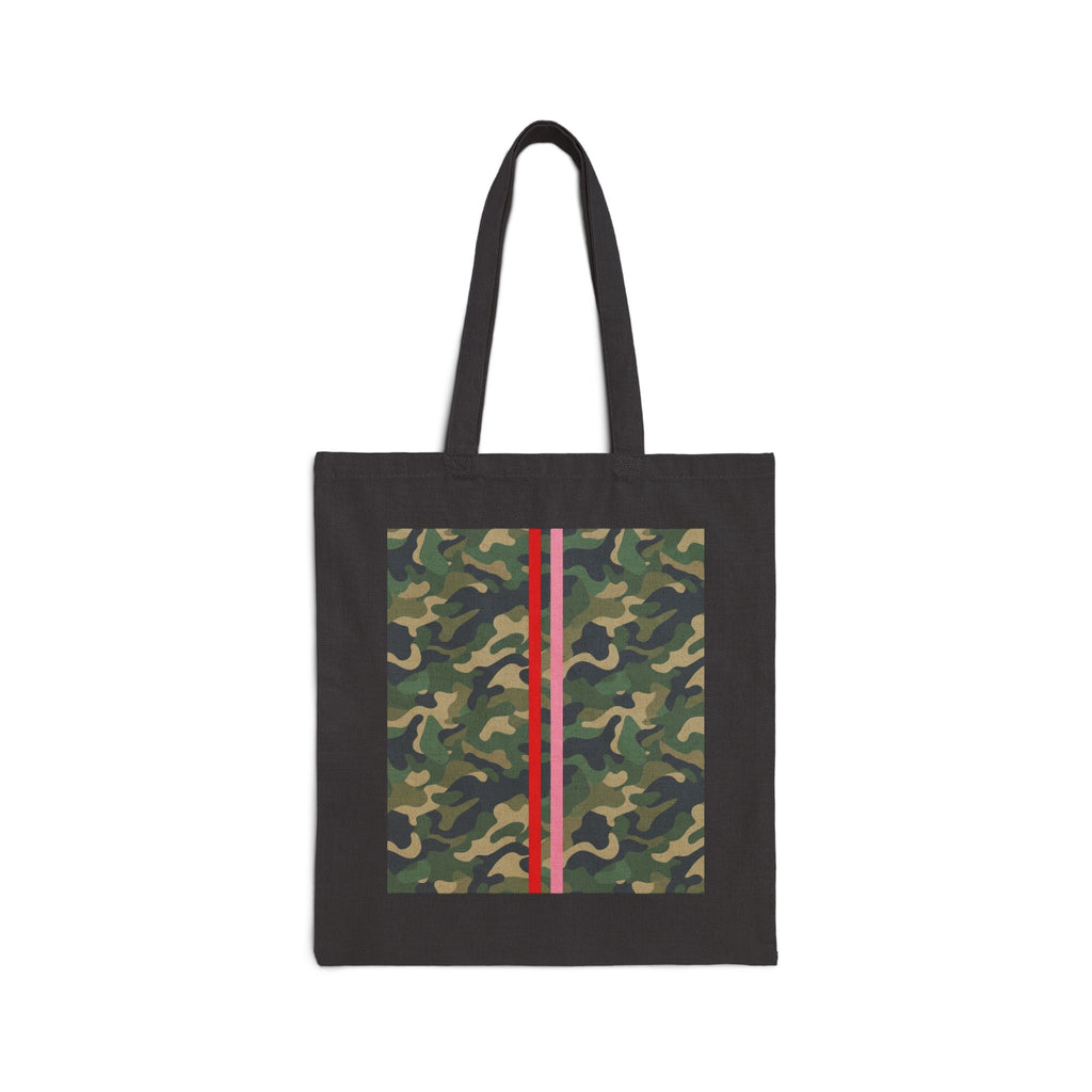 Camo Stripe Tote Bag — Green Camouflage Canvas Tote with Red Racing Stripe