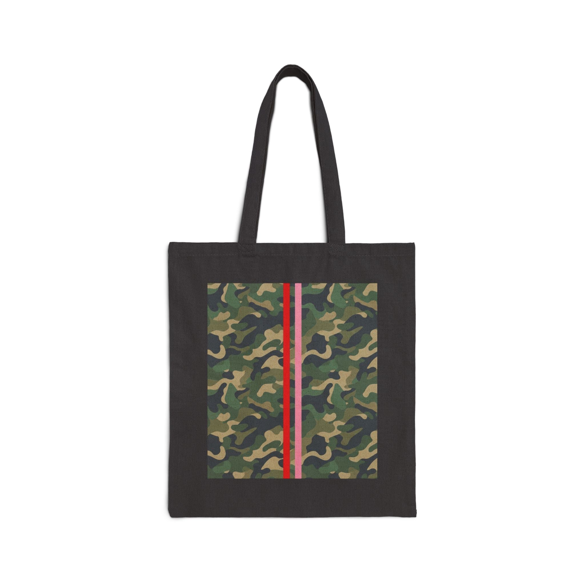 Camo Stripe Tote Bag — Green Camouflage Canvas Tote with Red Racing Stripe