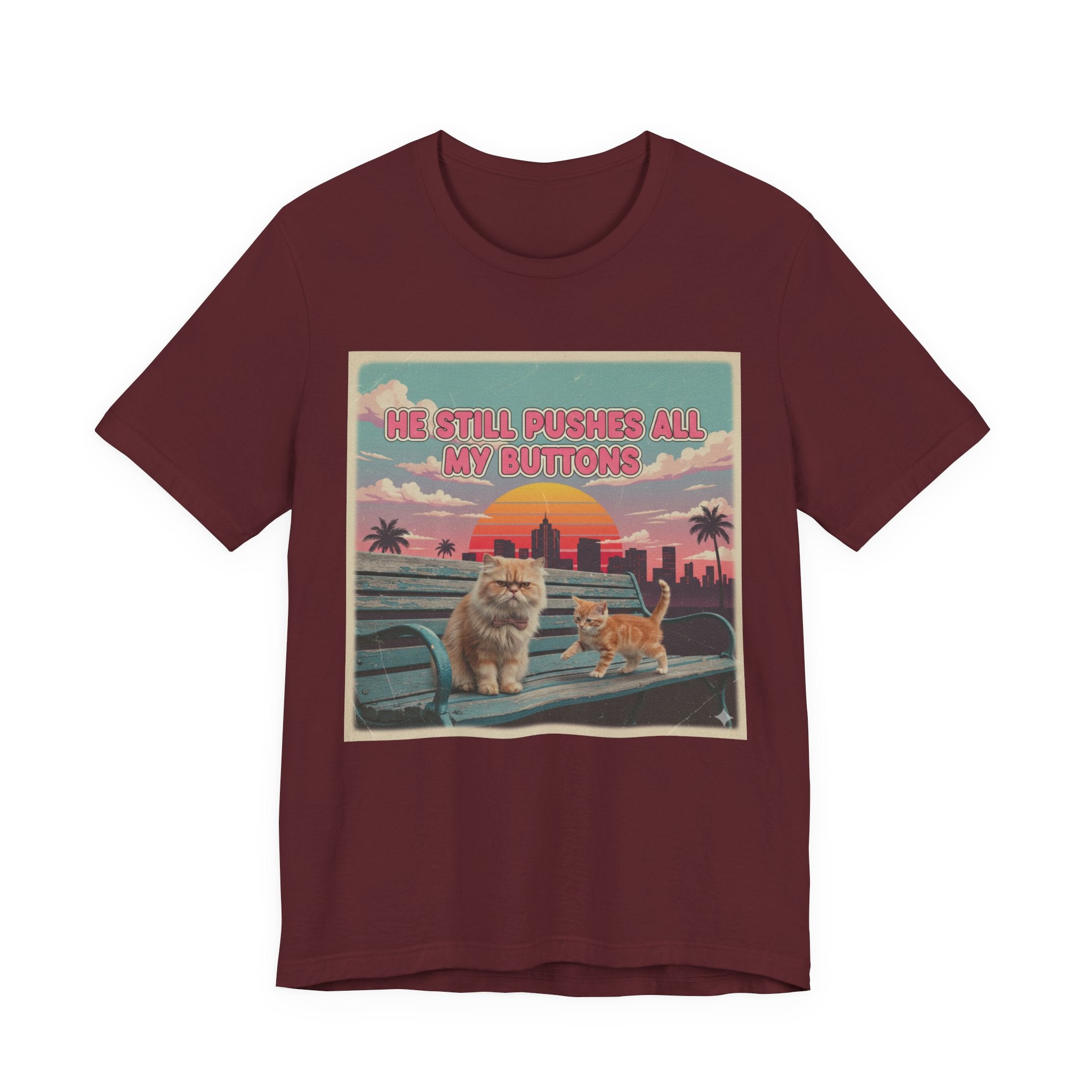 He Still Pushes All My Buttons Cat Illustration Tee | Retro Sunset Palm Beach