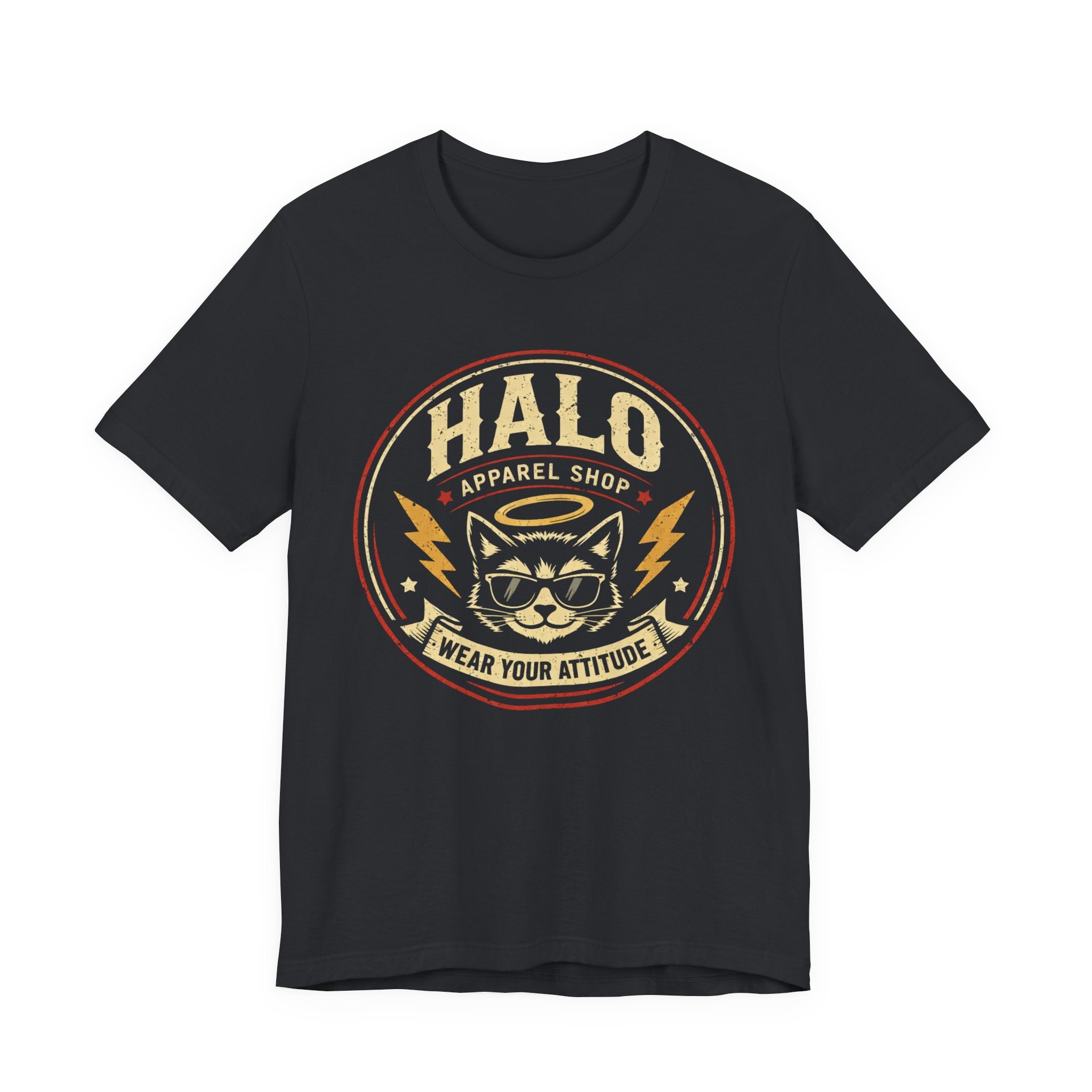 Halo Cat Graphic Tee — "Wear Your Attitude" Vintage Rock T-Shirt