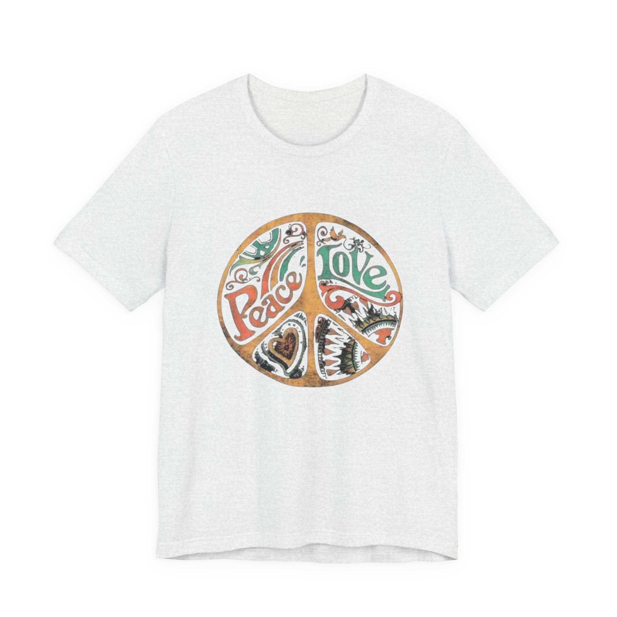 Retro Peace Love Unisex T-Shirt, Boho Graphic Tee, Casual Wear, Festival Shirt, Gift for Friends, Summer Style