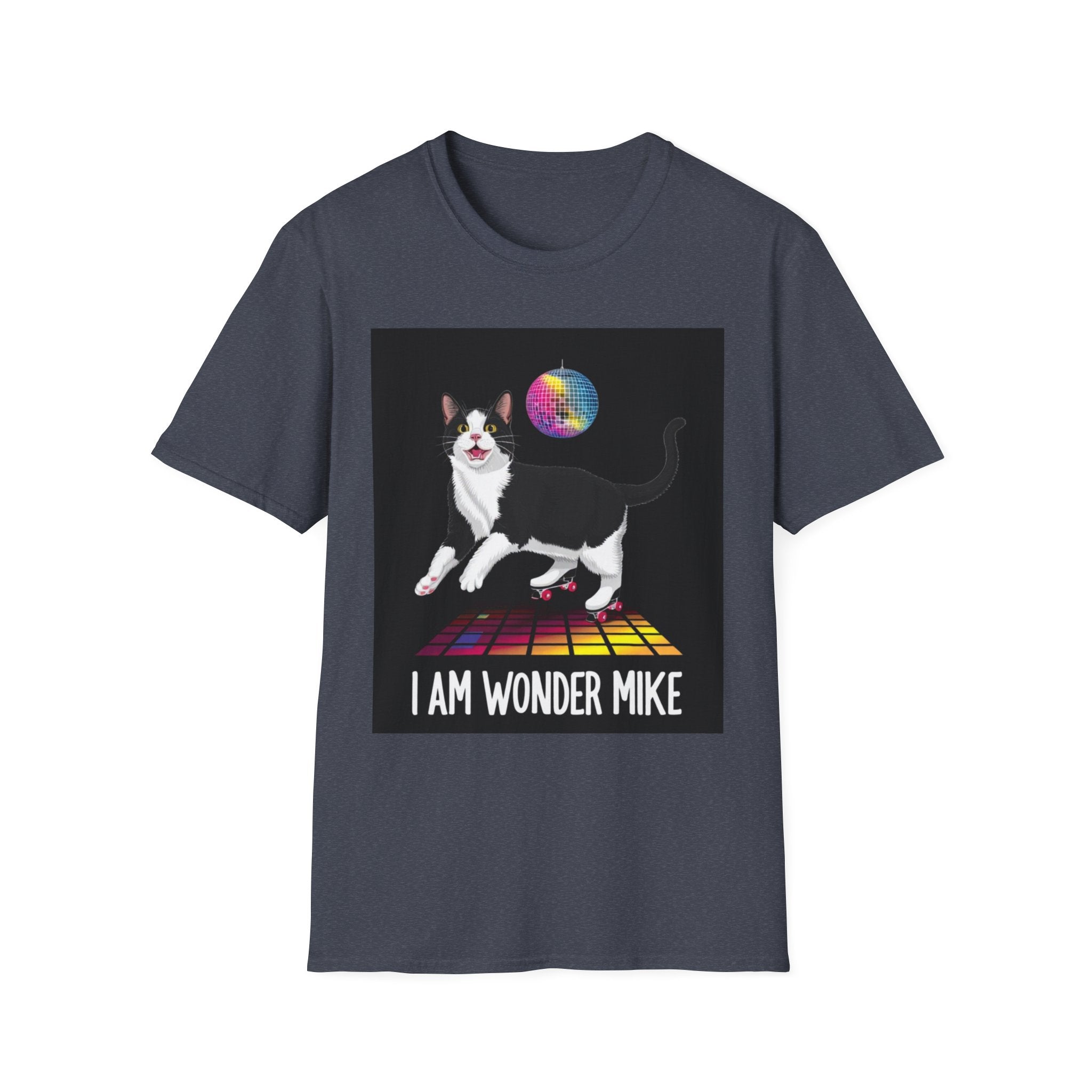 Skater Cat tee,I Am Wonder Mike Cat T-Shirt | Disco Dance Floor, Retro Rainbow Moon