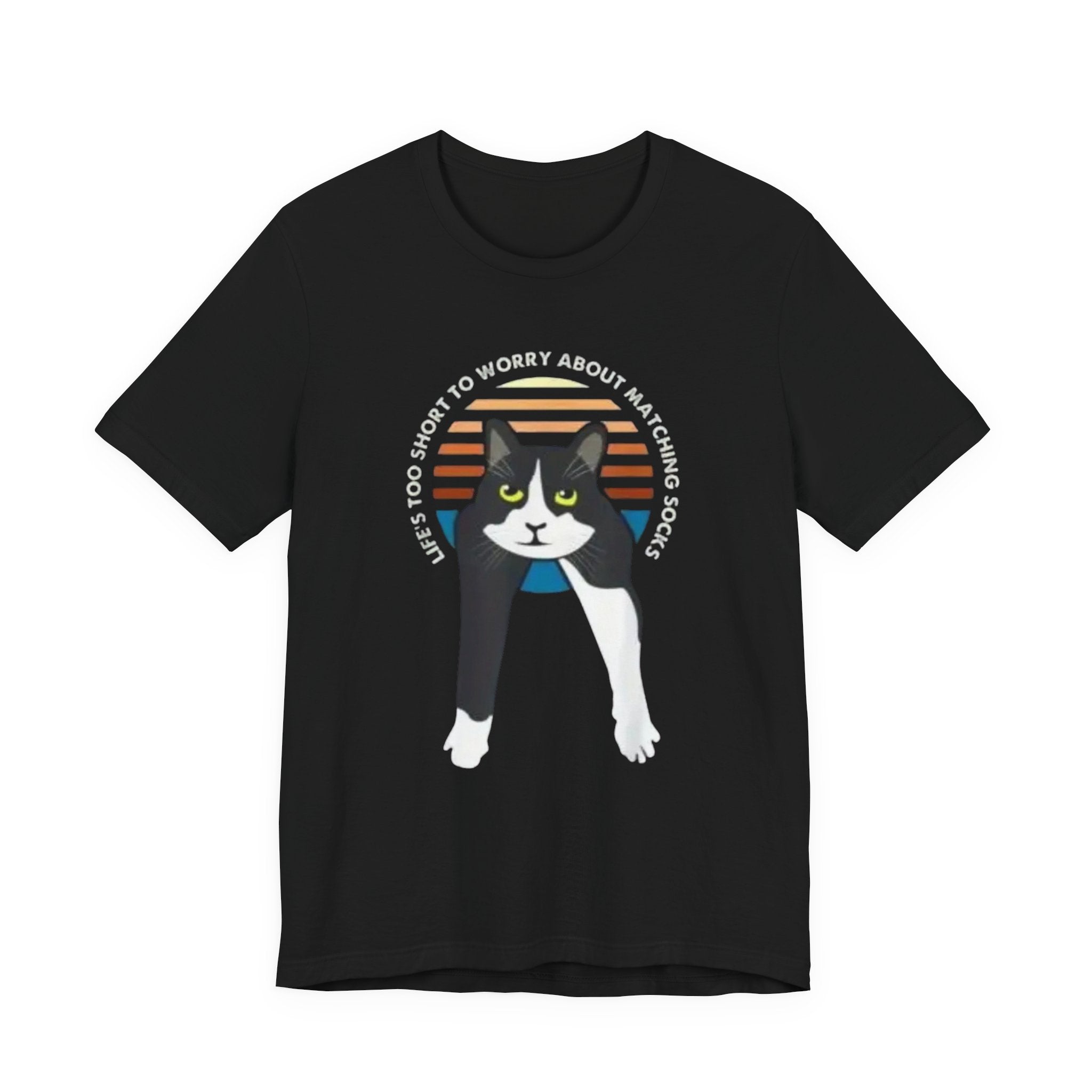 Tuxedo Cat Illustration Tee | Retro Sunset, 'Life's Too Short to Worry About Matching Socks'