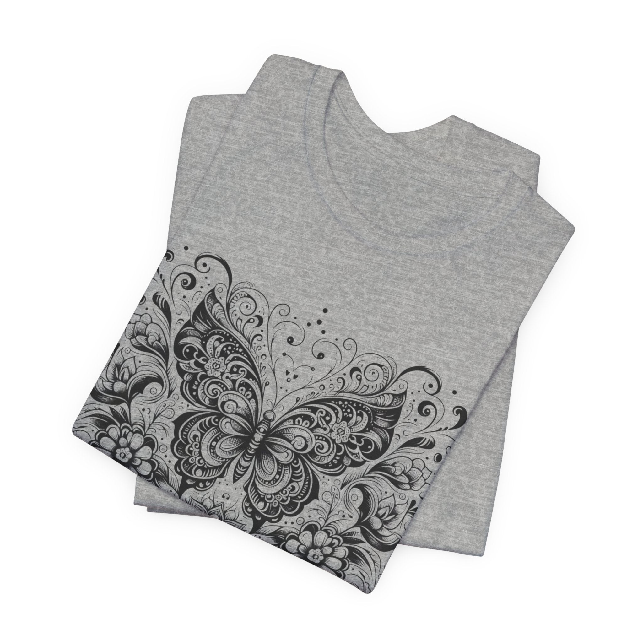 Ornate Butterfly Floral Tee | Detailed Black Line Art Butterfly T-Shirt