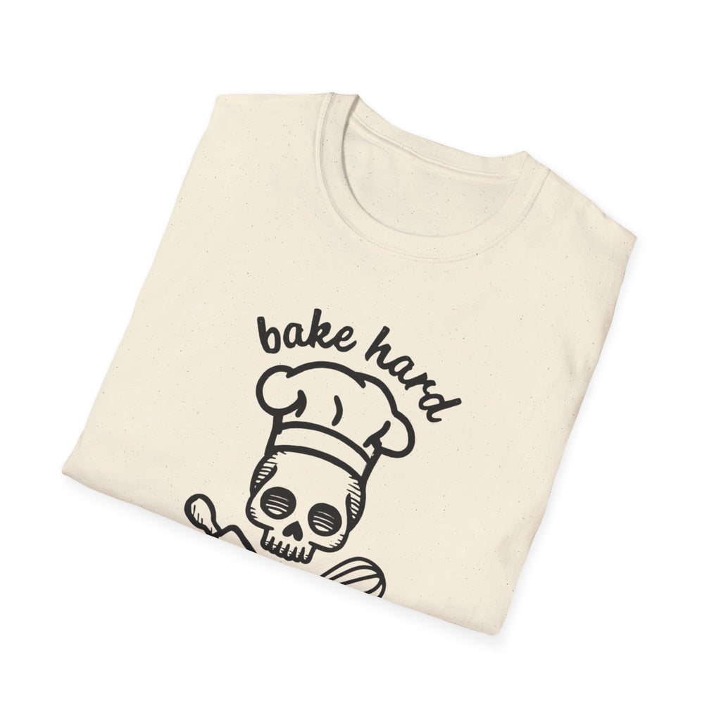 Bake Hard or Go Home T-Shirt | Skull Baker, Rolling Pin & Whisk Design