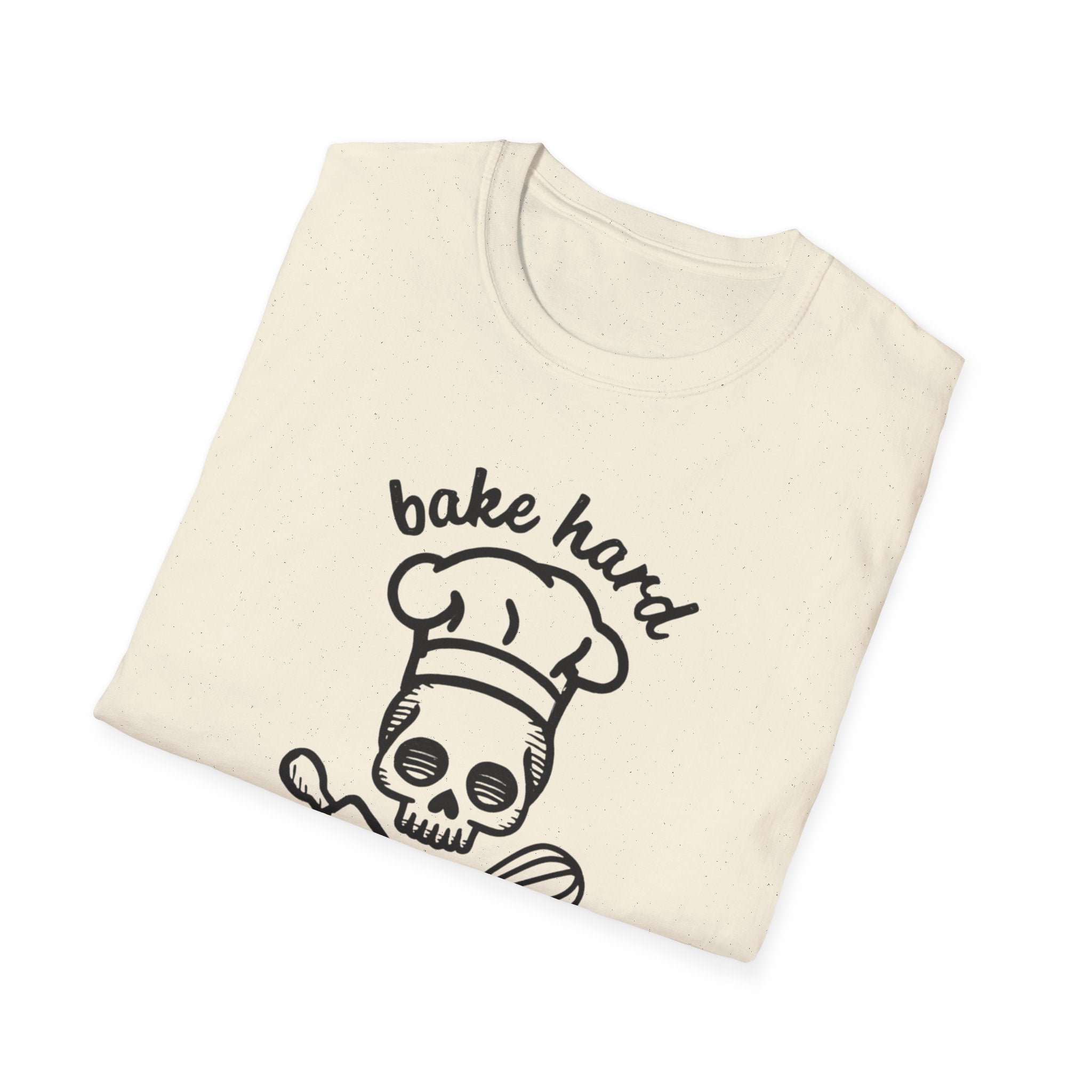 Bake Hard or Go Home T-Shirt | Skull Baker, Rolling Pin & Whisk Design