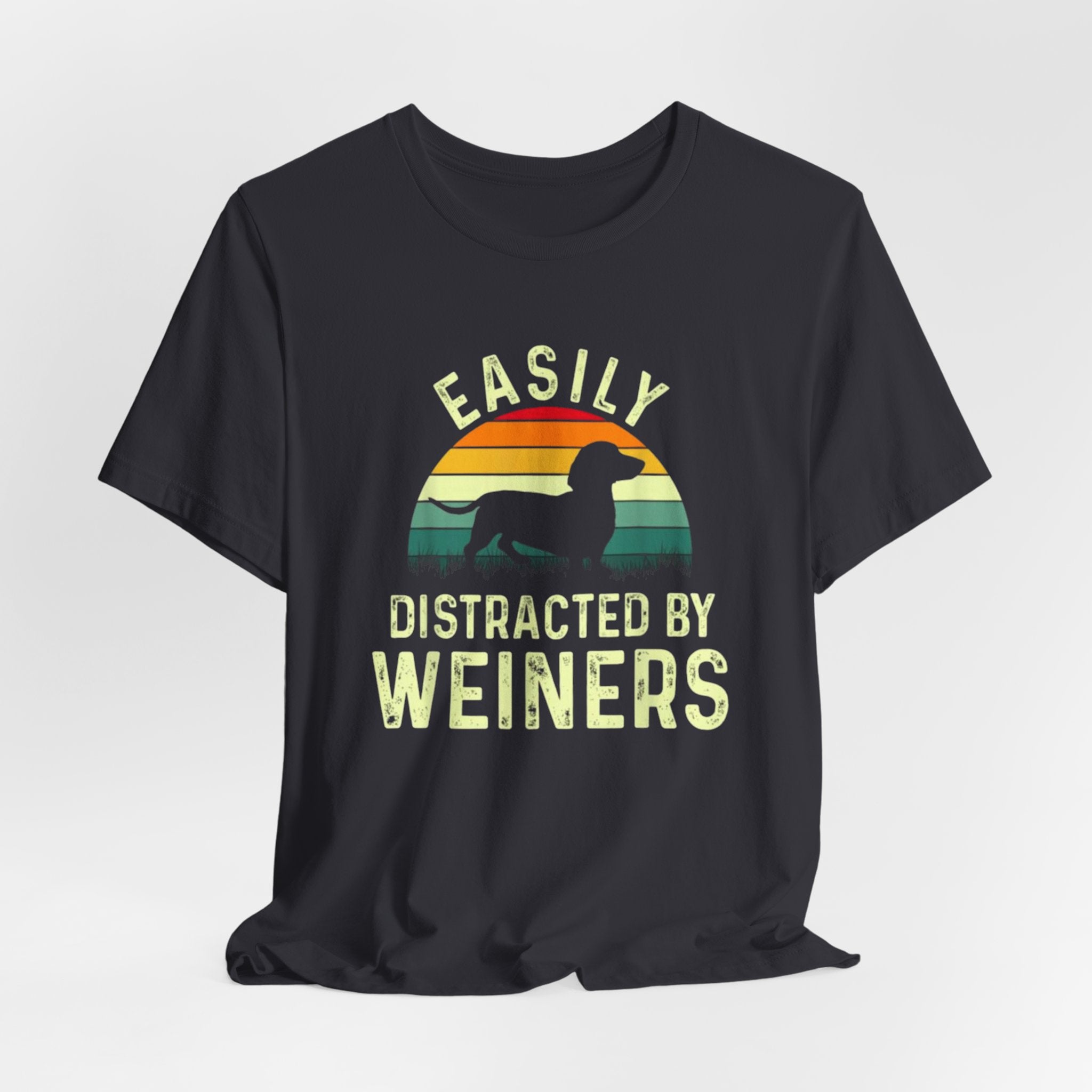 Easily Distracted By Weiners T-Shirt | Dachshund Retro Sunset Tee