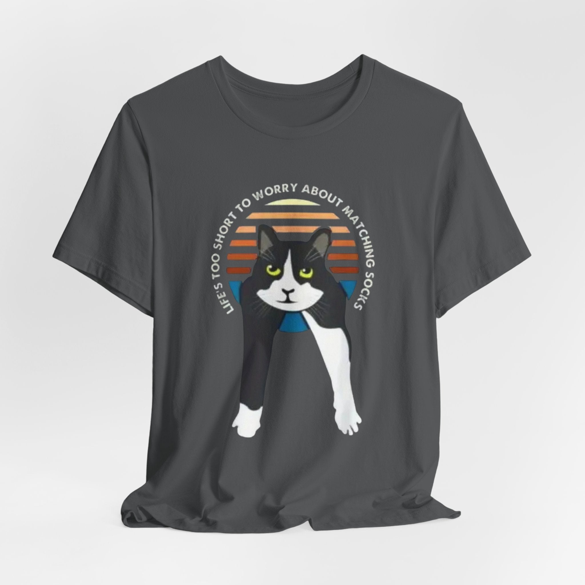 Tuxedo Cat Illustration Tee | Retro Sunset, 'Life's Too Short to Worry About Matching Socks'