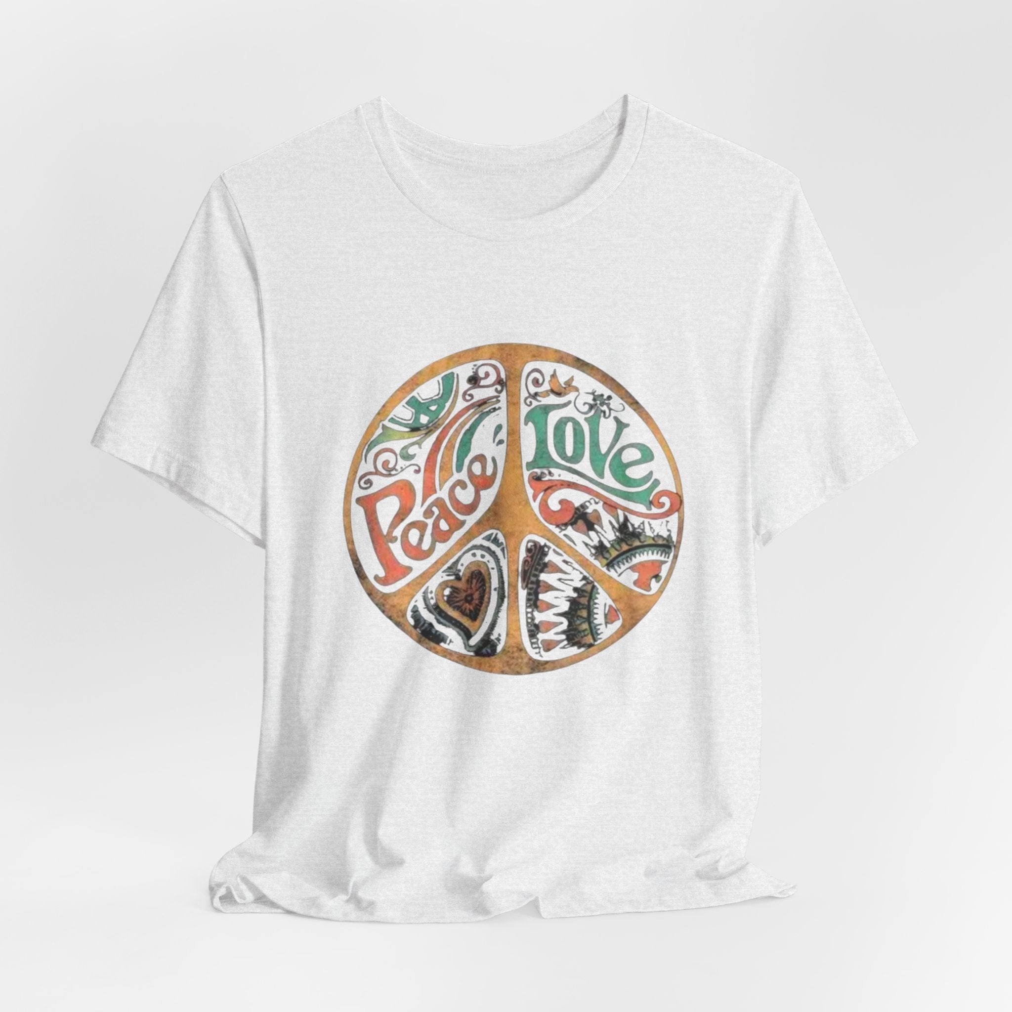 Retro Peace Love Unisex T-Shirt, Boho Graphic Tee, Casual Wear, Festival Shirt, Gift for Friends, Summer Style