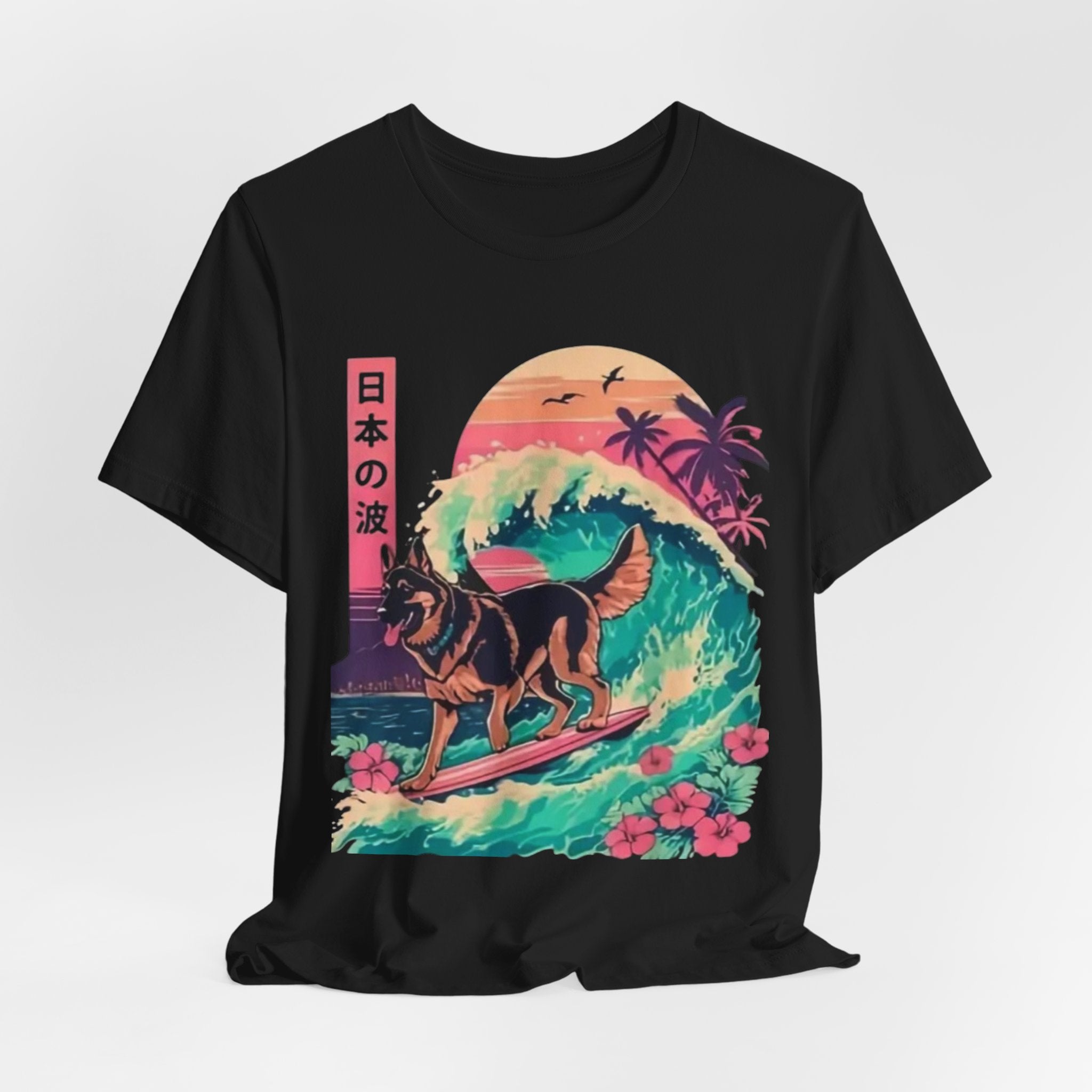 German Shepherd Dog  Surfing T-Shirt — Retro Japanese Wave Graphic Tee