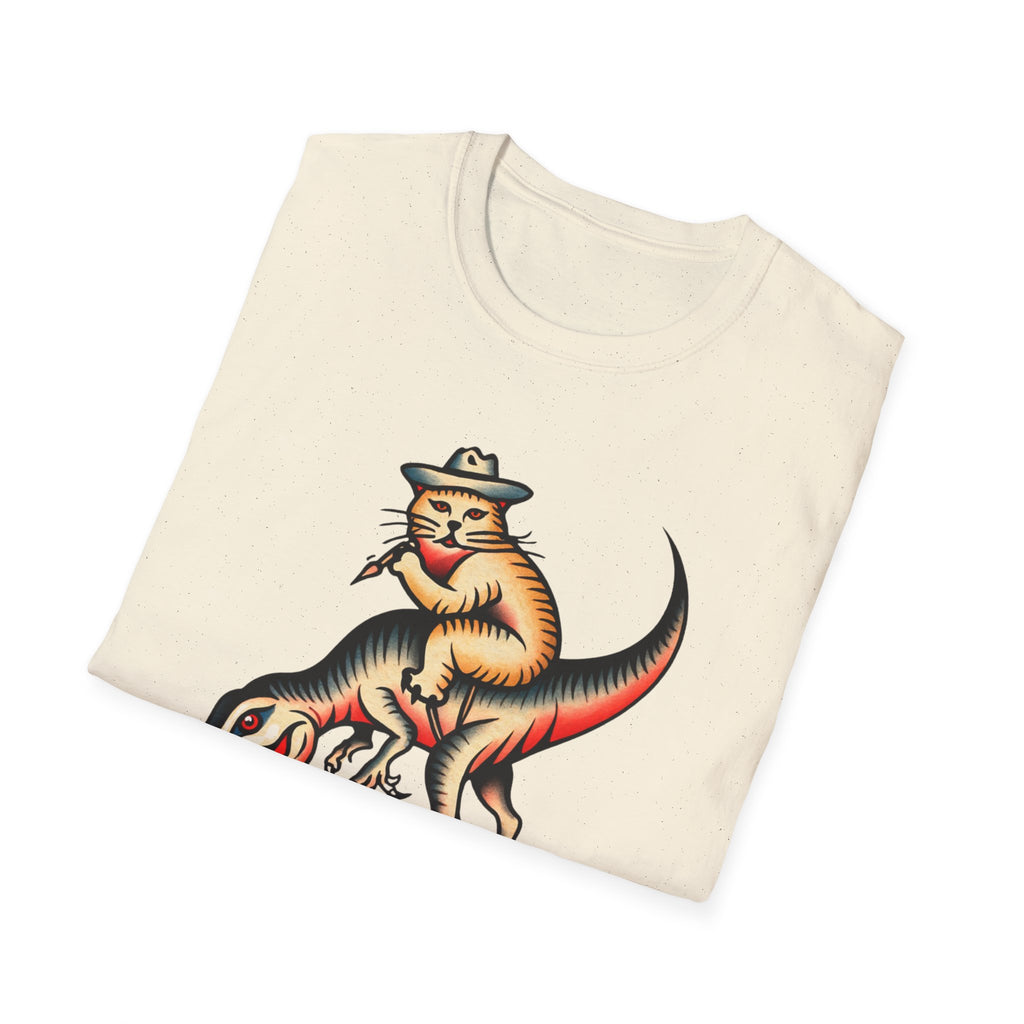 Funny Cat Cowboy T-Shirt — Retro Riding Tyrannosaurus Graphic Tee