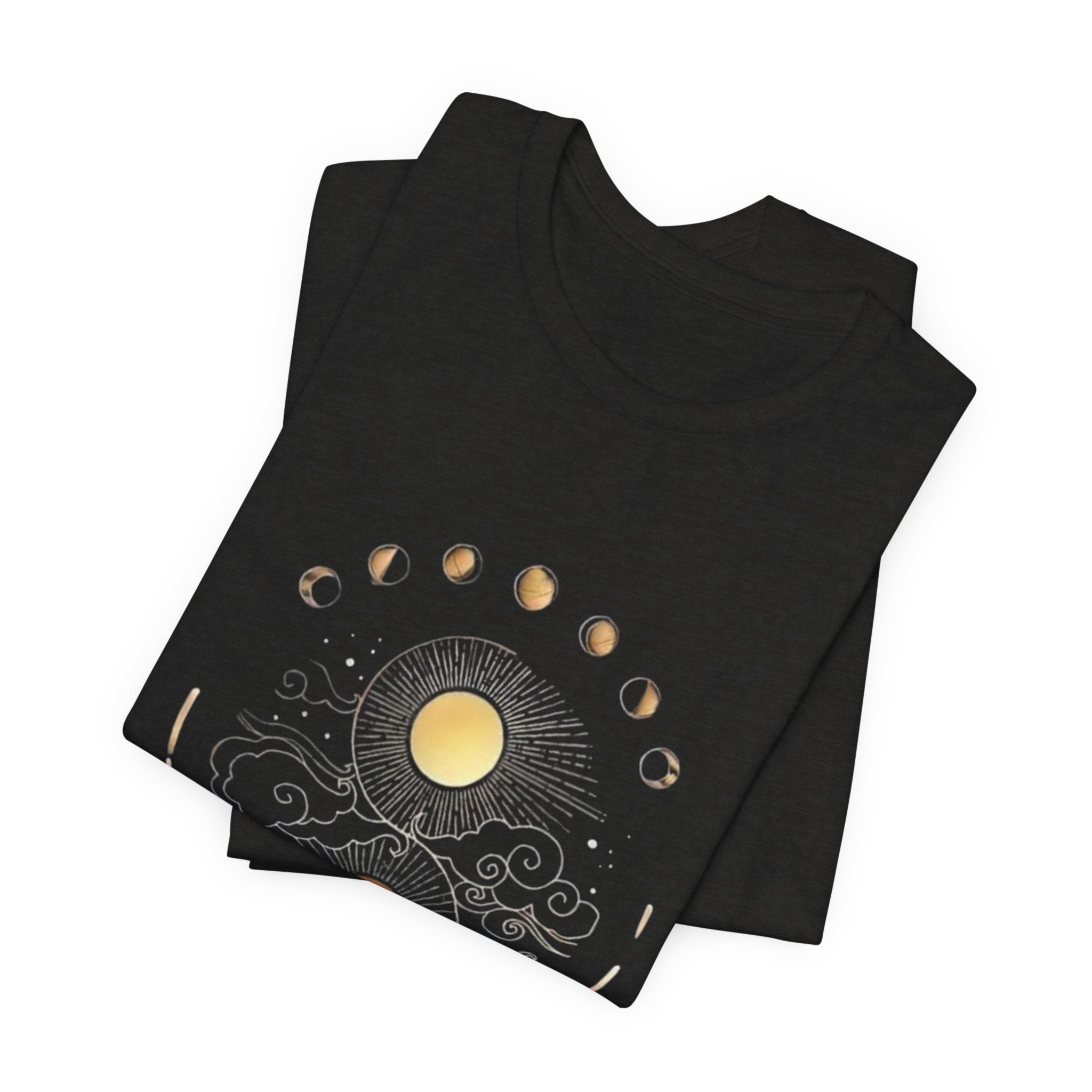 Celestial Phases Unisex Tee, Astrology Shirt, Lunar Cycle T-Shirt, Gift for Astronomers, Black Graphic Tee, Horoscope Apparel