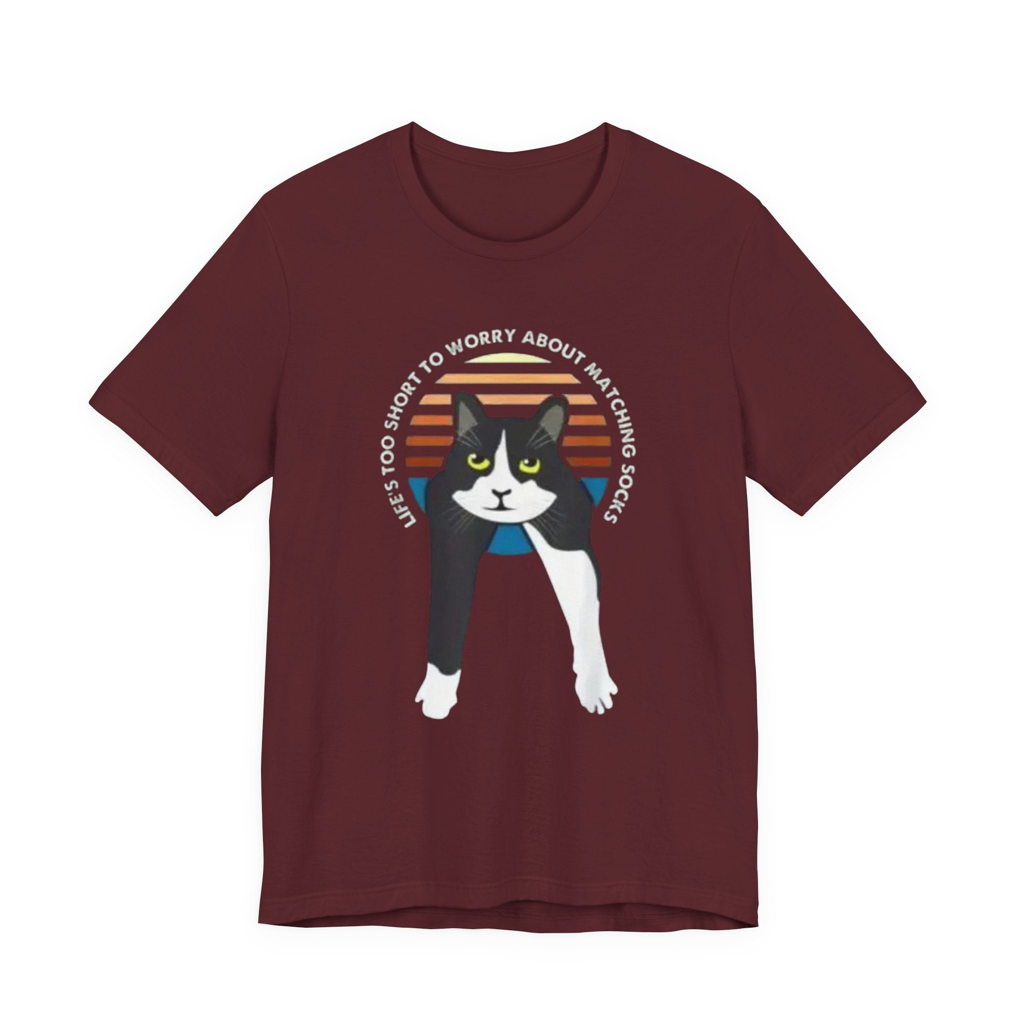 Tuxedo Cat Illustration Tee | Retro Sunset, 'Life's Too Short to Worry About Matching Socks'