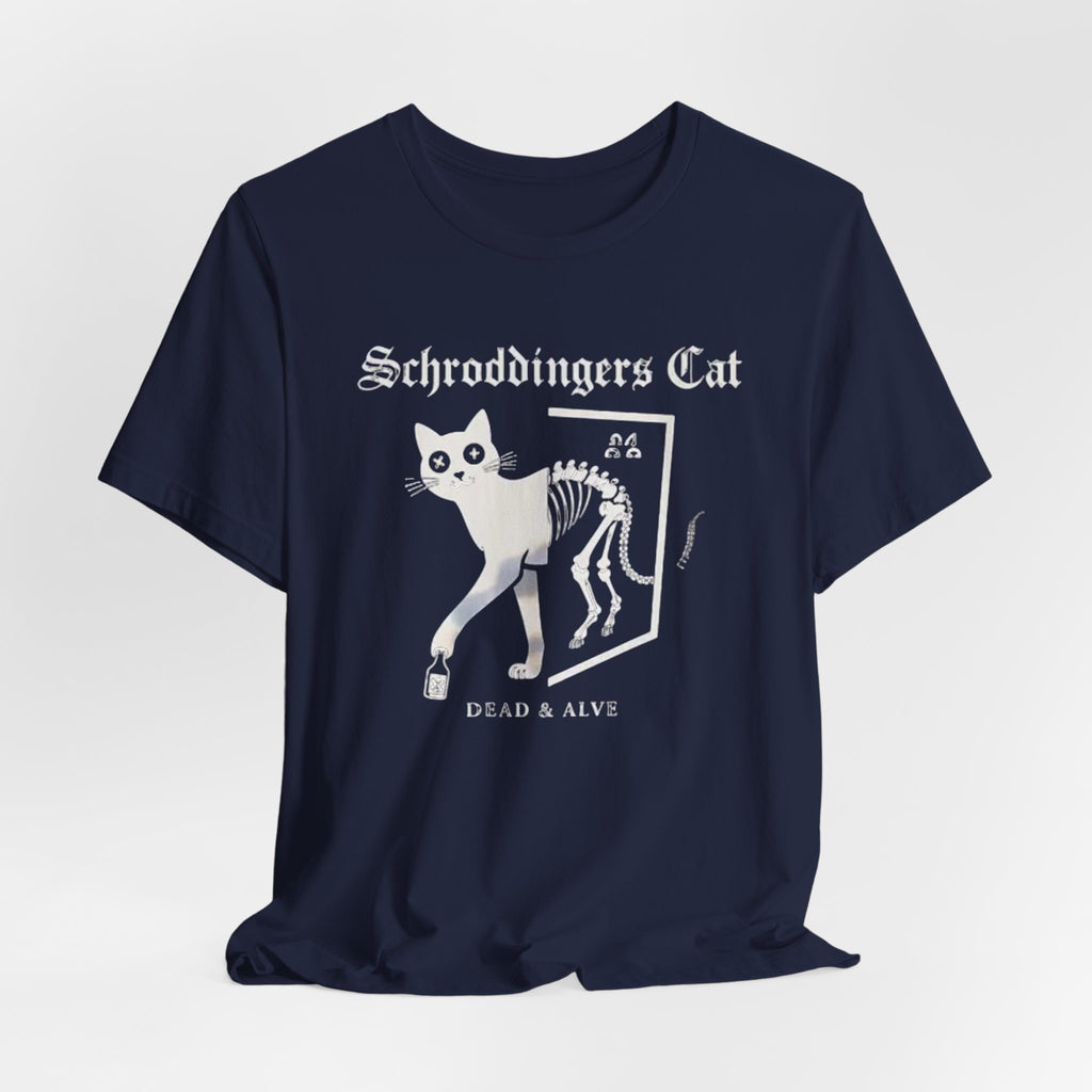 Schrodingers Cat skeleton illustration T-Shirt | Dead & Alive cat science tee