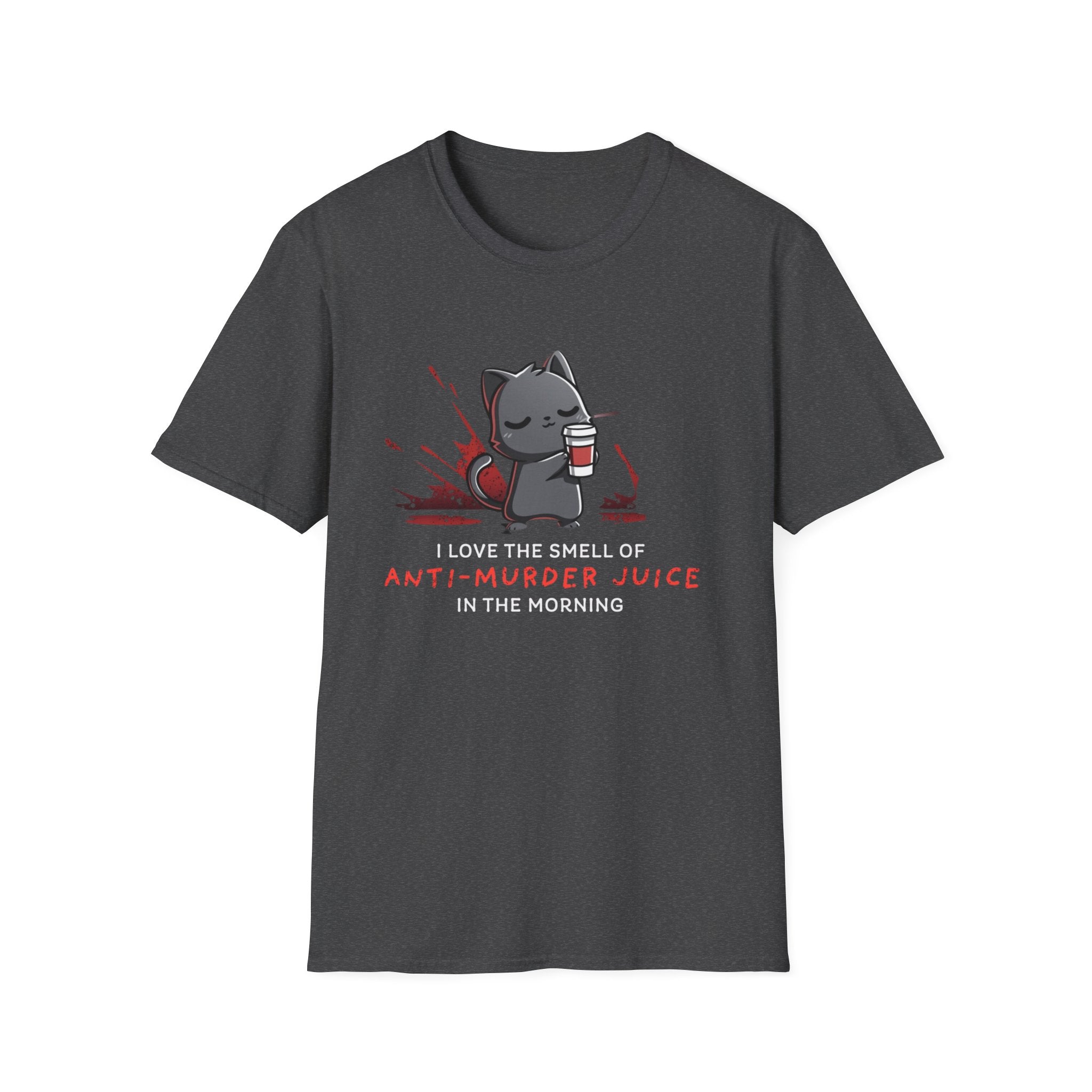 Anti-Murder Juice Cat T-Shirt | Cute Dark Humor Coffee Tee
