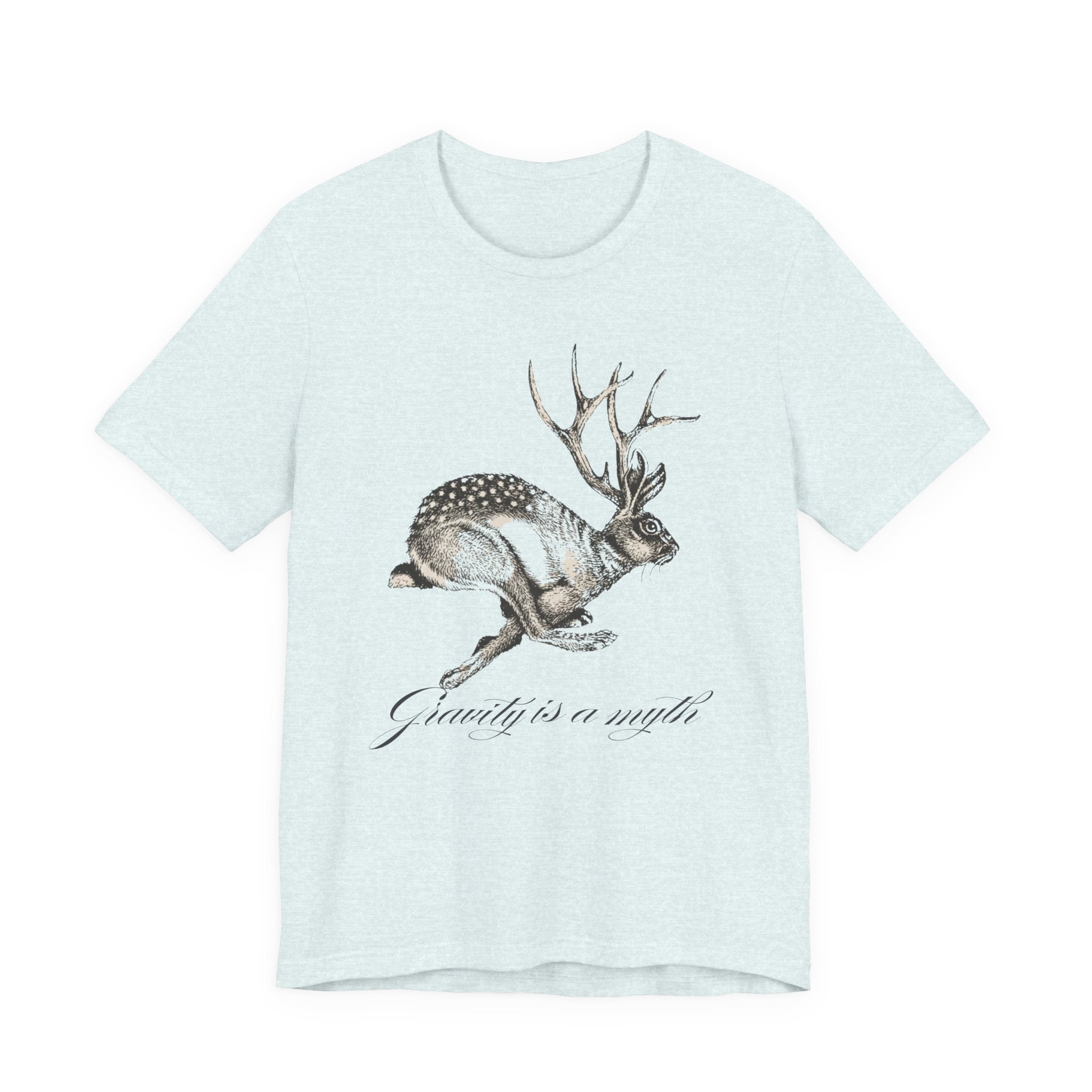 Gravity is a myth tee| hand -Drawn Jackalope Art, Script Motto
